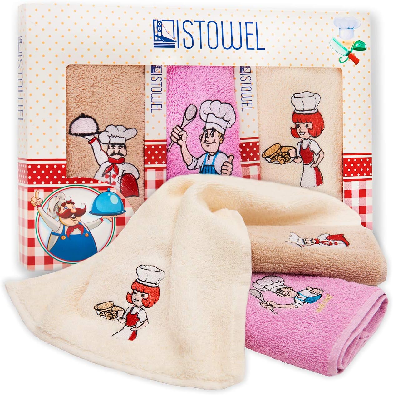 Decorative Kitchen Towels and Dishcloths Sets - 12" x 20" Cotton Terry Dish Towels for Drying Dishes and Blotting Spills - Cook Themed Embroidery for Your Kitchen Decor