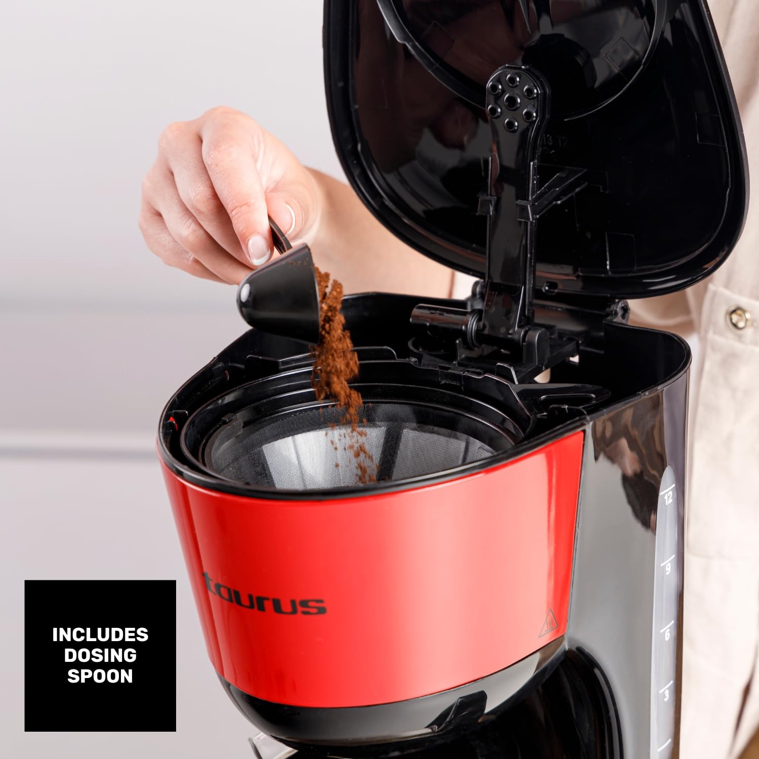Taurus – Cafetera de Goteo Verona Vintage Red, 12 Tazas, 1000W, Jarra Cristal graduada, Depósito Agua Visible, Filtro Reutilizable, Auto Apagado, Placa calefactora