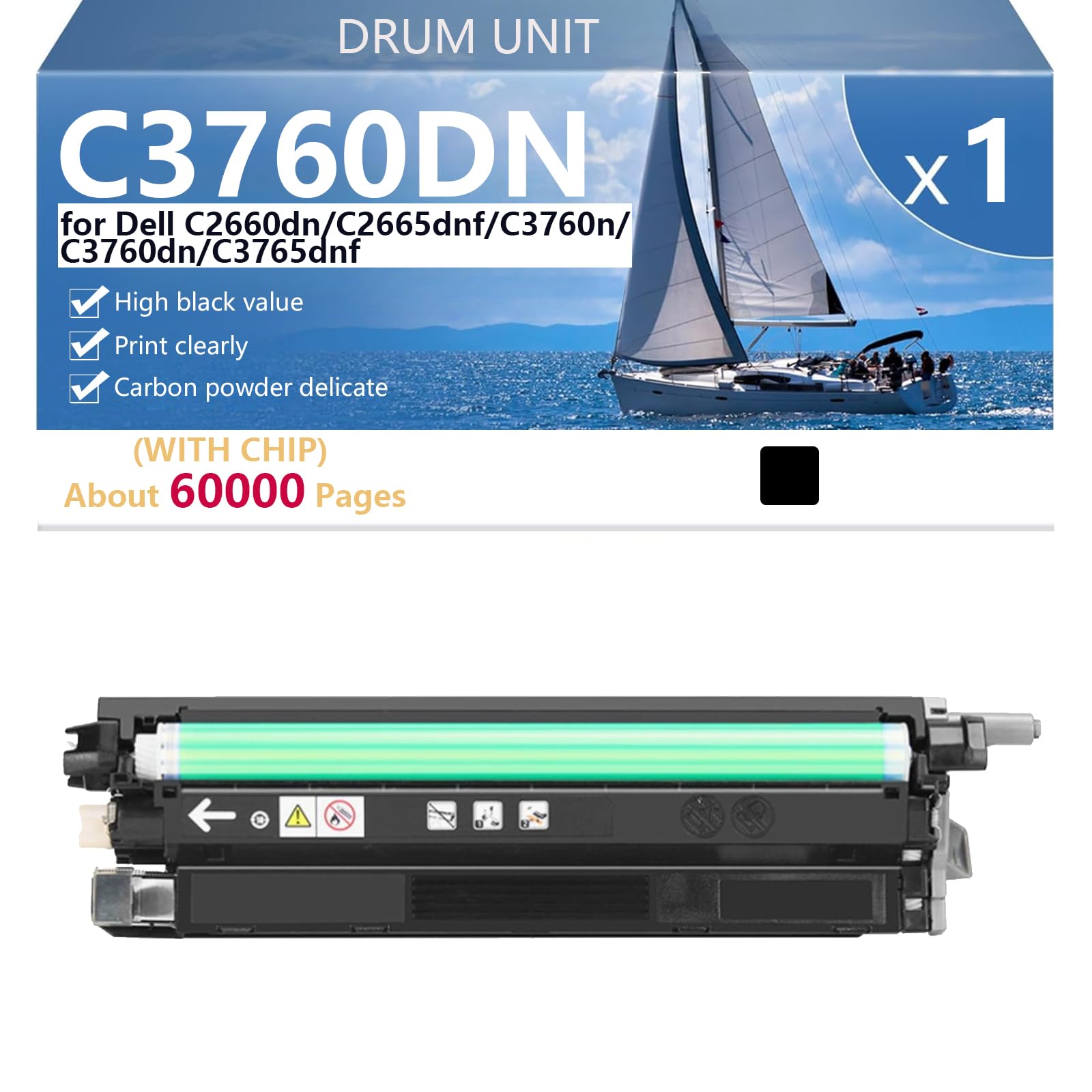 C3760DN Unità Tamburo ad altissima Capacità Compatibile per Dell C2660dn C2665dnf C3760n C3760dn C3765dnf Stampanti, Nitide e Definite,Black-1 pack