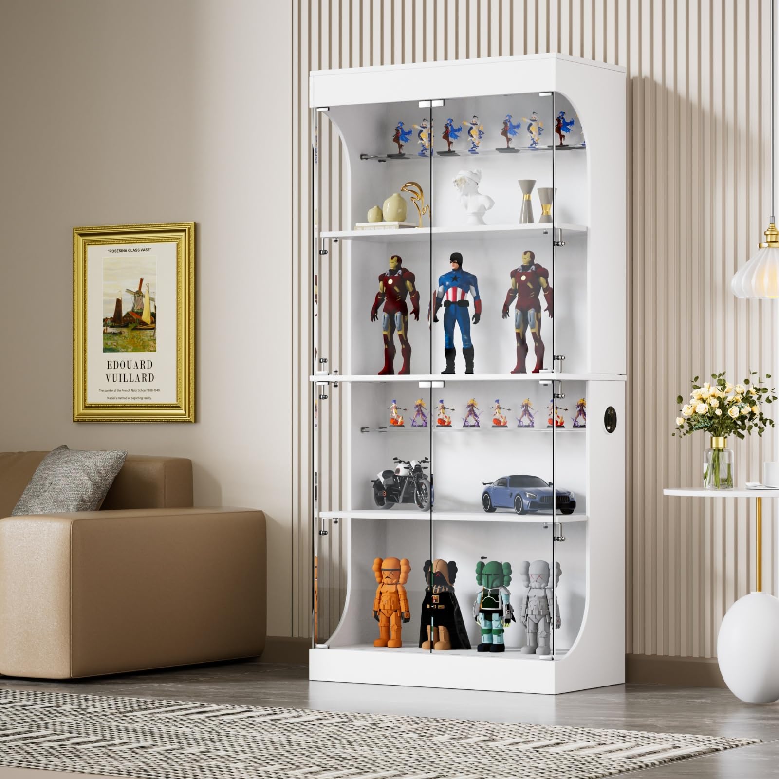 Vitrina de cristal con LED, vitrina para colección, armario de cristal moderno, 6 estantes, 4 puertas, transparente, mueble vitrinas para dormitorio, salón, comedor, 80 x 35 x 165 cm (blanco