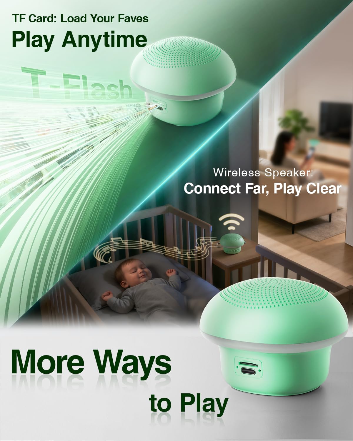 Portable White Noise Sound Machine with 20 Relaxing Sounds, 48H Playtime, 3 Timers & Night Lights, Memory, TF Card Mode & 10m Wireless Playback for Newborn Baby Gift, Adult, Mini for Home Sleep Office