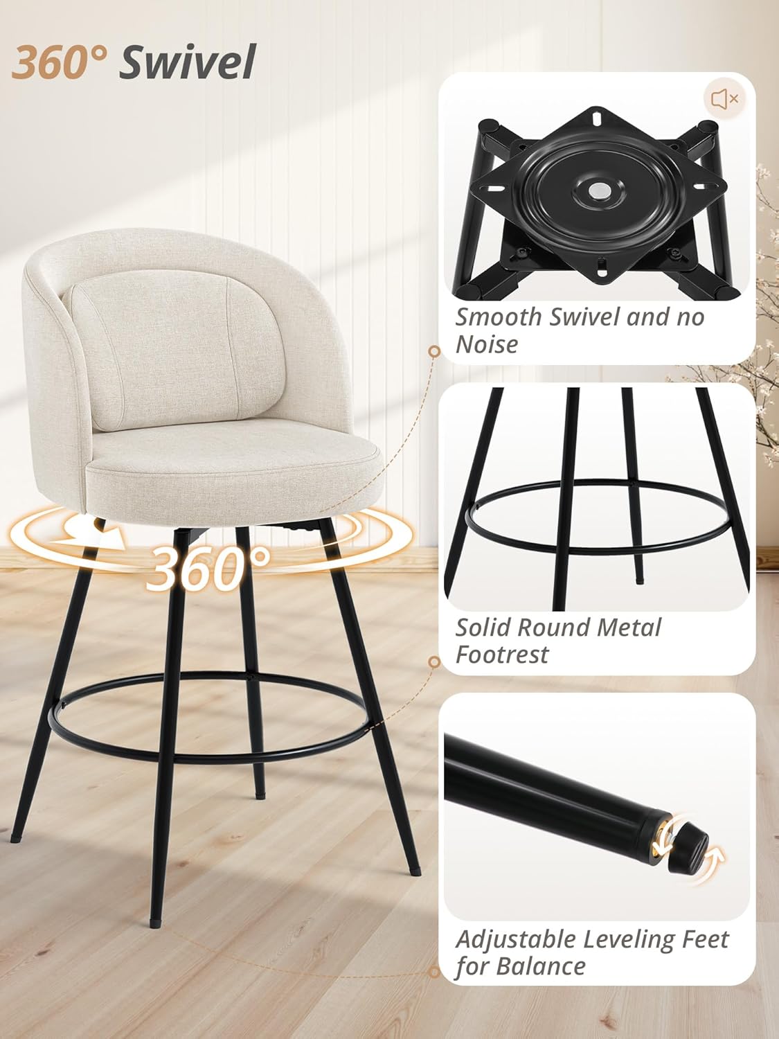LUE BONA 26''H Swivel Bar Stools Set of 3, Counter Height Bar Stools with Backs, Lumbar Pillow and Black Metal Frames, Upholstered Morden Barstools for Kitchen Island, Linen Farbic, Linen Color