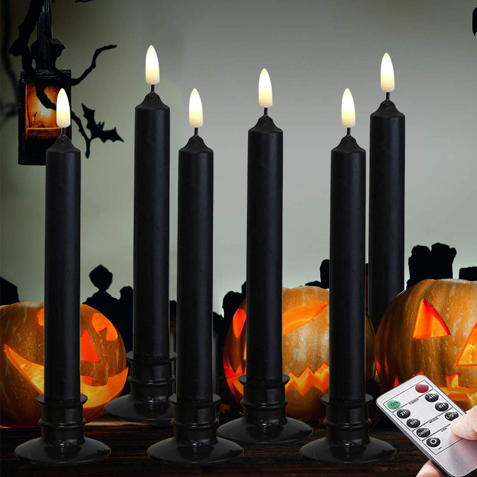 Halloween 6PACK Black Wax Flameless Battery Powered Windows Candles with Remote and Timer Candlestick. Removable Black Candleholders. Remote Included, Patented