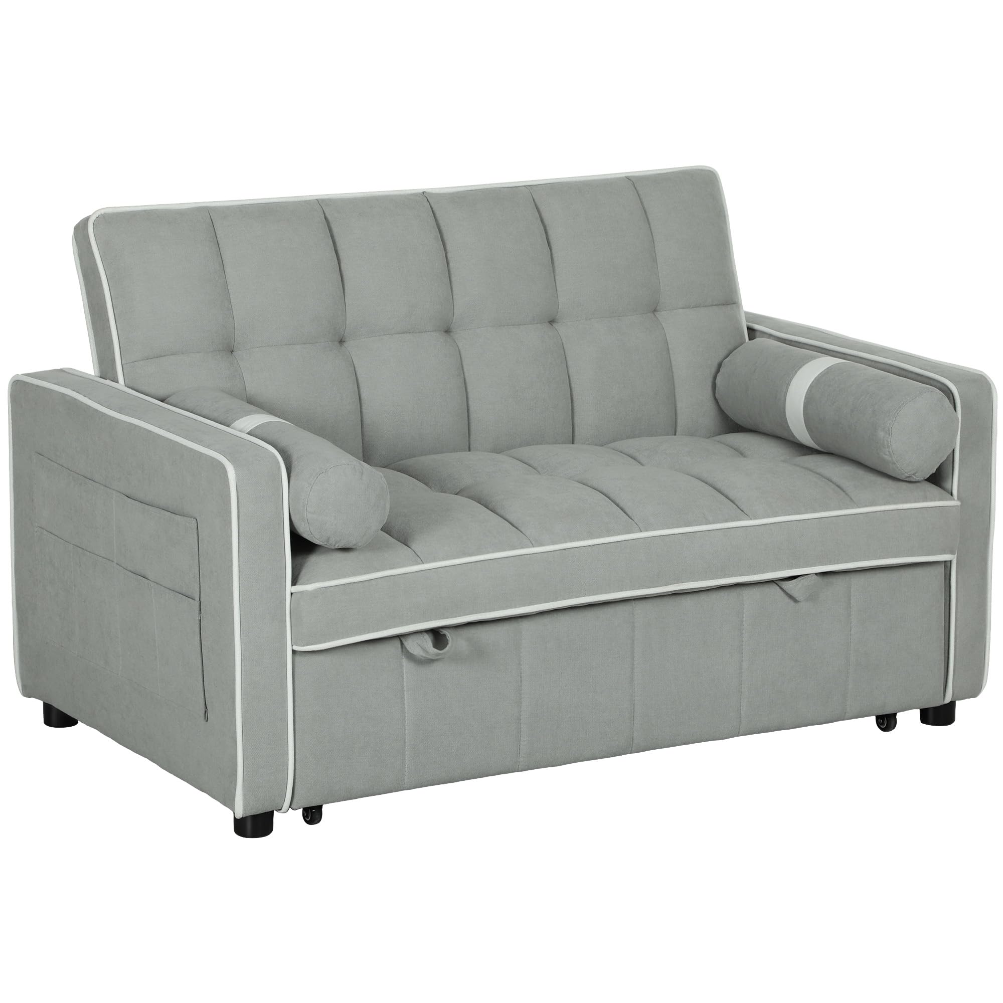 HOMCOM 2 Seater Sofa Bed, Click Clack Pull Out Sofa Bed with Adjustable Backrest and Pillows, 3-in-1 Modern Tufted Settee for Living Room, Bedroom, Guest Room, Light Grey