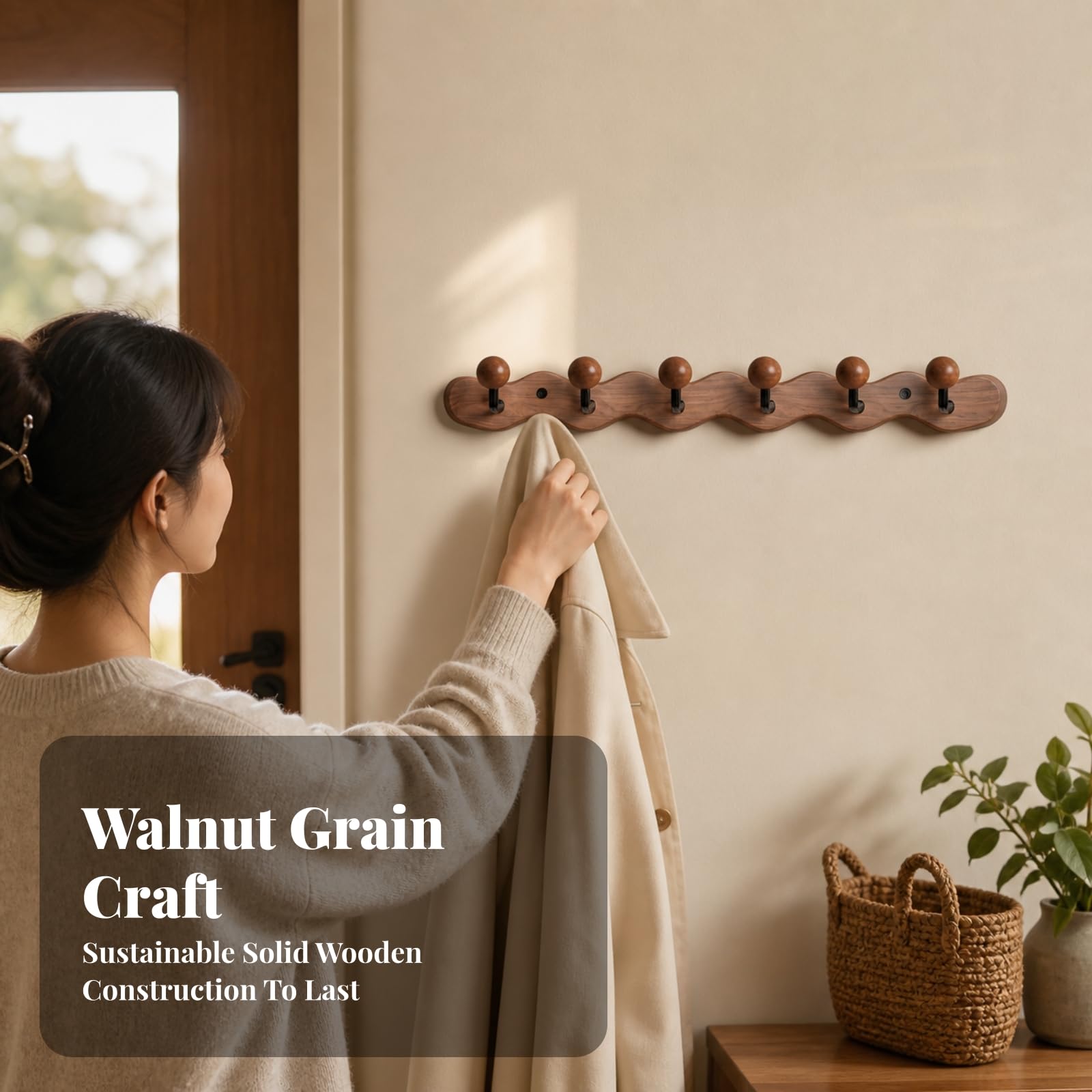 Porte-Manteau En Bois Catchc 6 s Compact Patère Murale Panneau Ondoyant Simple Élégant pr Salon, Cuisine, Noir, Style D