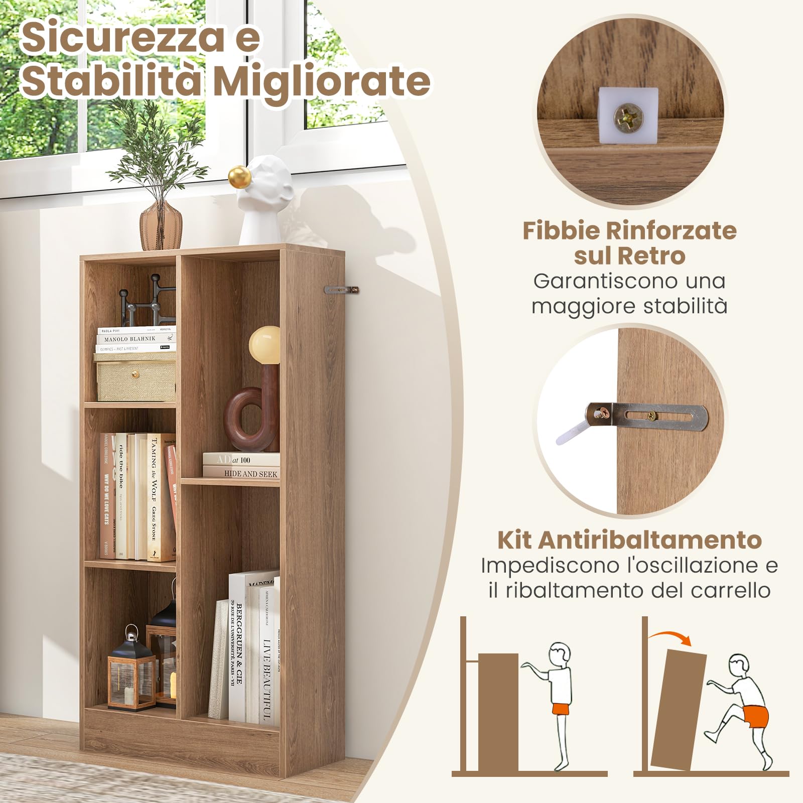 COSTWAY Libreria a 5 Cubi, Organizzatore di Stoccaggio Autoportante a 3 Livelli con 2 Kit Antiribaltamento, Mensola in Legno per Soggiorno Camera da Letto Ufficio, 50x24x104 cm (Naturale)