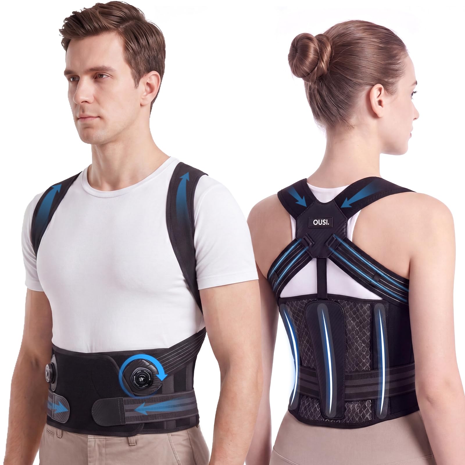 Correttore Posturale Spalle Schiena Uomo Donna：Versione Migliorata con Manopola per Regolazione di Precisione per Spalle e Schiena – Fascia Posturale Lombare Supporto Postura Postura migliore M