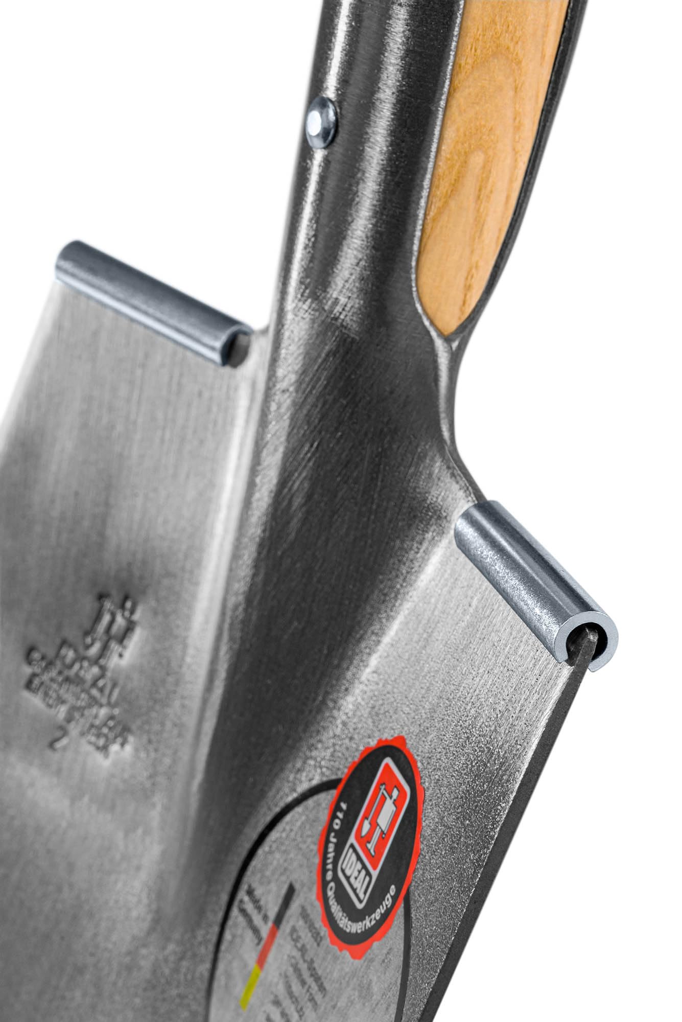 IDEAL-Spaten Gärtner Form | für mittelfeste, leicht steinige Böden | feinpolierter Doppelfederspaten, selbstschärfend, mit Tritt, Eschen-T-Stiel 85 cm