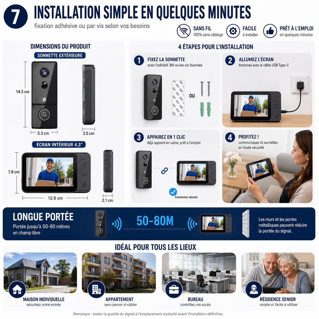Sonnette sans Fil Exterieur Etanche avec Caméra, Sonnette sans Fil avec Camera et Moniteur 4,3", Visiophone sans Fil sans WiFi ni App, Interphone Video sans Fil 2.4GHz, PIR, Vision Nocturne, IP65