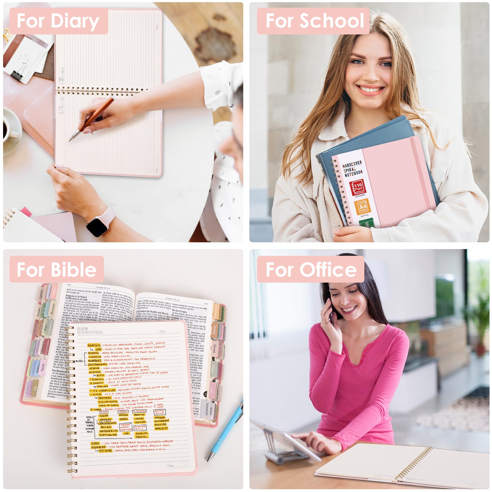 LABUK Cuaderno en espiral de 8.5 x 11 pulgadas, cuadernos grandes A4 para mujeres, cuaderno de tapa dura con rayas universitarias para el trabajo, la escuela, tomar notas, 55 hojas, 110 páginas