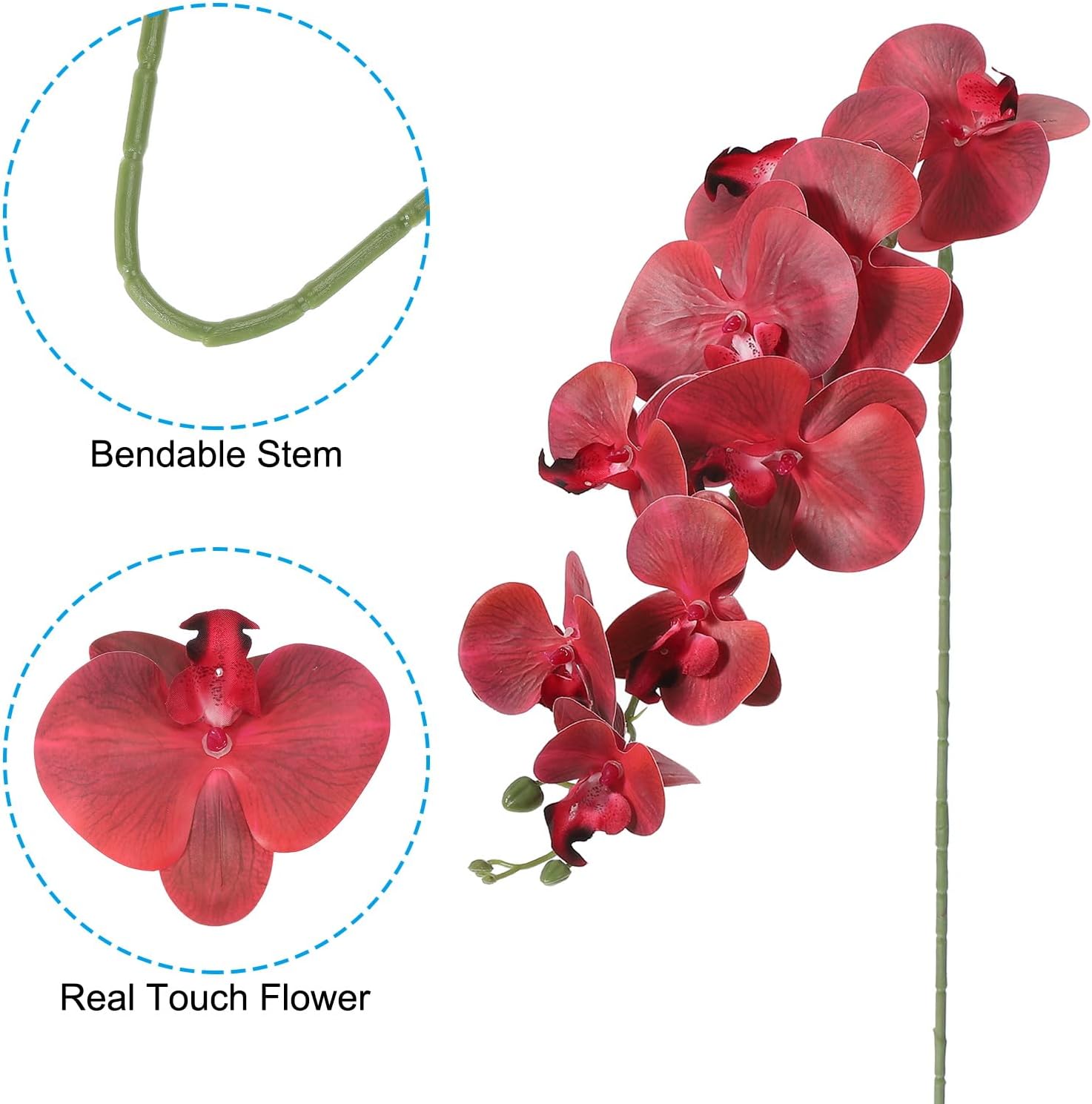 PATIKIL Artificial Orchid Stems 41", 3 Pack 9 Heads Faux Phalaenopsis Flowers Real Touch Fake Orchid Flower Branch for Vase Home Wedding Decoration, Burgundy