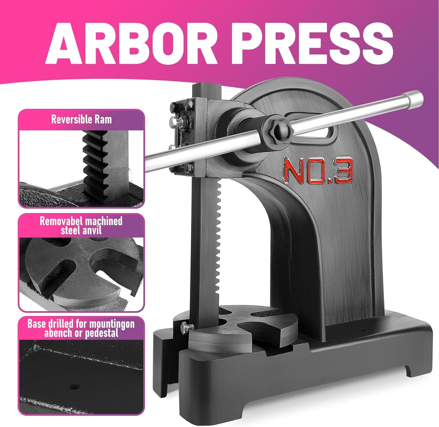 3 Ton Arbor Press with 3 Drift, 12″H Heavy Duty Manual Desktop Arbor Press, Cast Iron Workshop Hand Press, Manual Bench Press for Deforming, Cutting and Punching (Black, 3T)