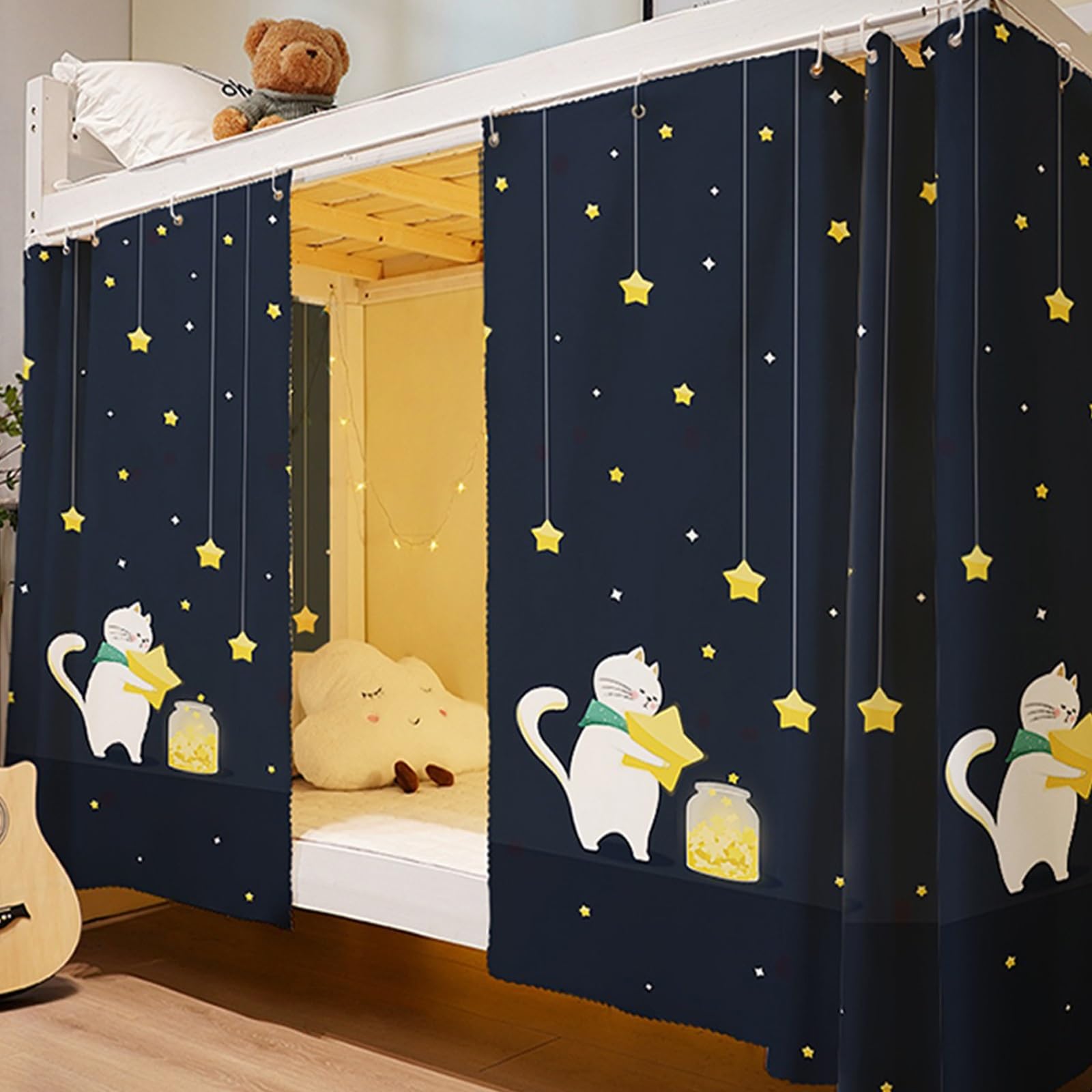 Singolo Tenda da Letto Traspirante Baldacchino per Letto Oscuranti Privacy Tenda A Baldacchino per Letto A Castello Antipolvere Dormitorio Camera dei Bambini(Curtain*3+Top,1.35M_Cat)