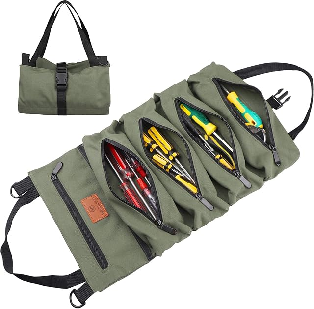 FIREDOG Roll Up Pouch, Wrench Roll Up Bag Multi-Purpose Canvas Tool Organizer (Green)