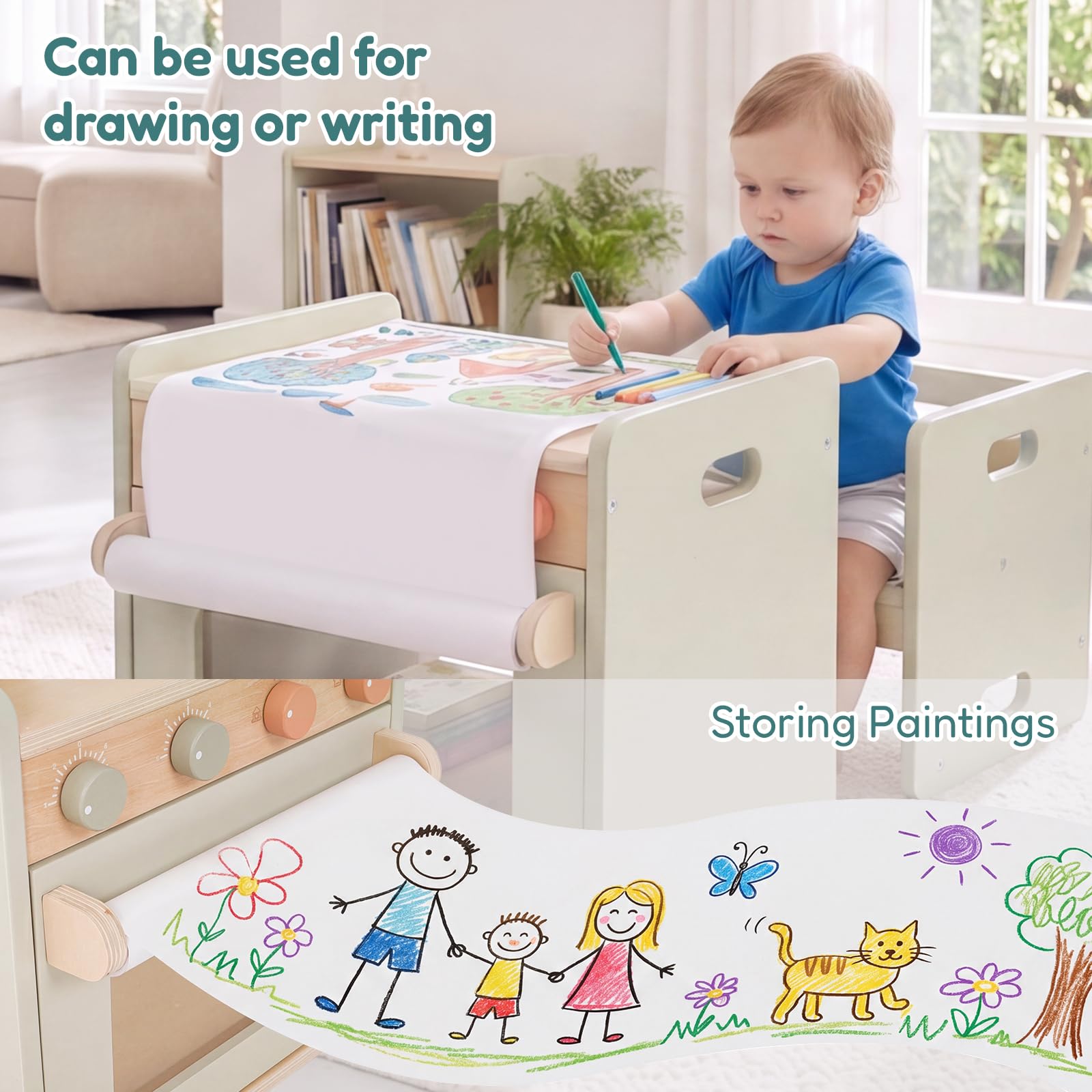EDUBEBO Kinder Tisch Stuhl Set Holz im Kinderküche Ofen-Design, Montessori Kindertisch mit Stuhl & Zeichenpapierrolle, Kleinkindertischset Aktivitätstisch Spieltisch Essen, Sitzgruppe ab 1 Jahr
