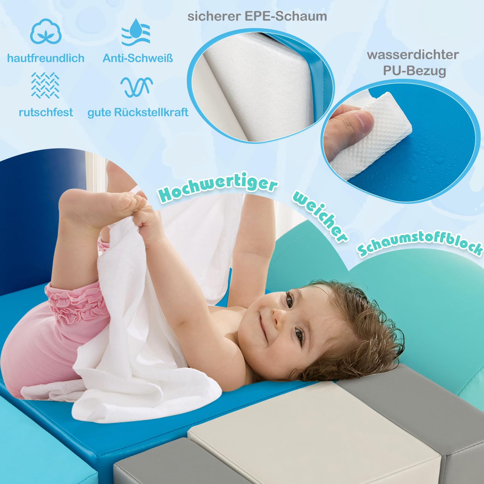 GOPLUS 6 TLG. Schaumstoffbausteine, Softbausteine zum Klettern & Rutschen, Riesenbausteine aus Kunstleder & Schaumstoff, Großbausteine Softbausteine für Baby Kleinkinder (Pfauenblau)