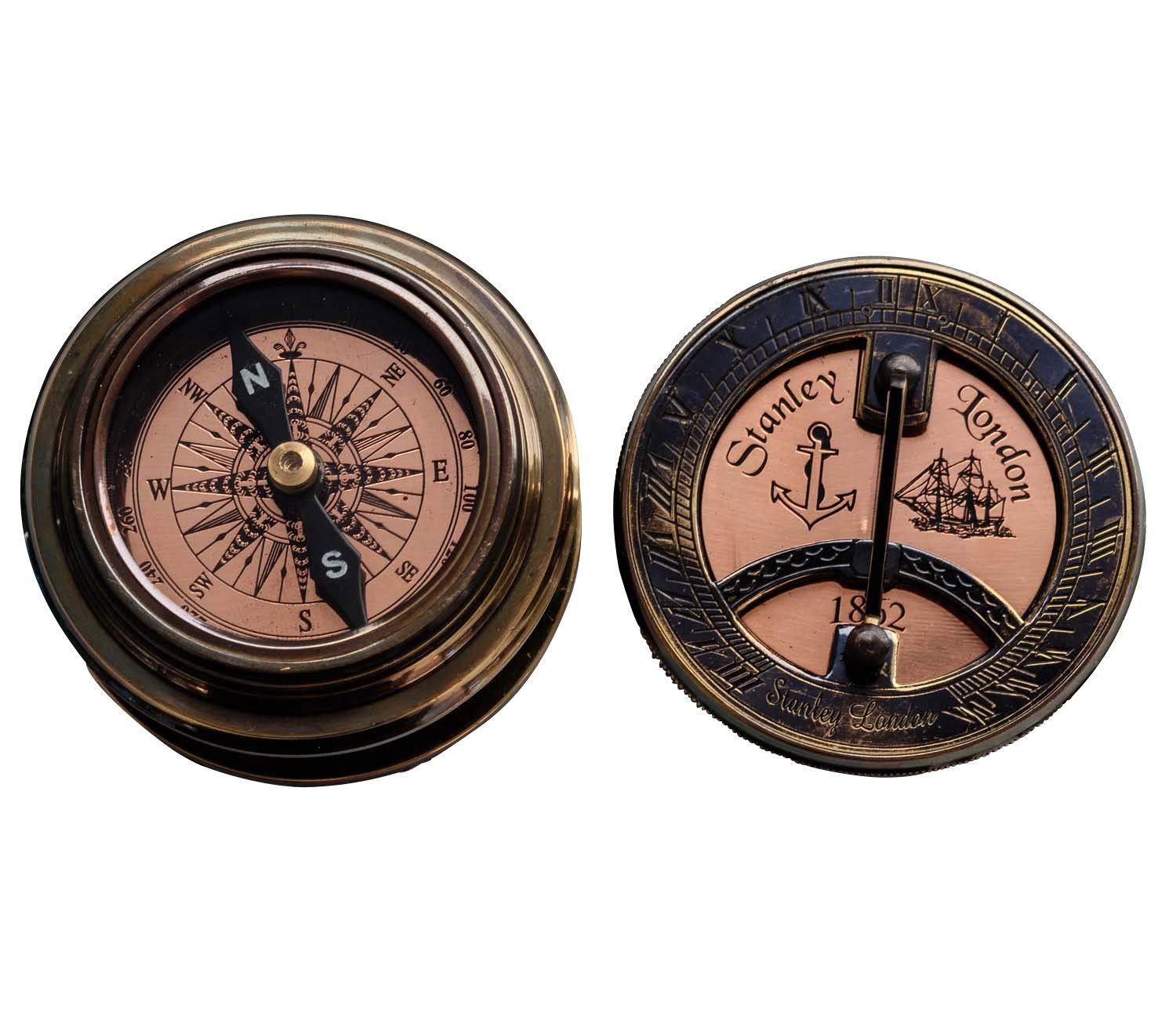 Bussola marittimo 8cm compasso nave orologio solare cuoio stile antico replica