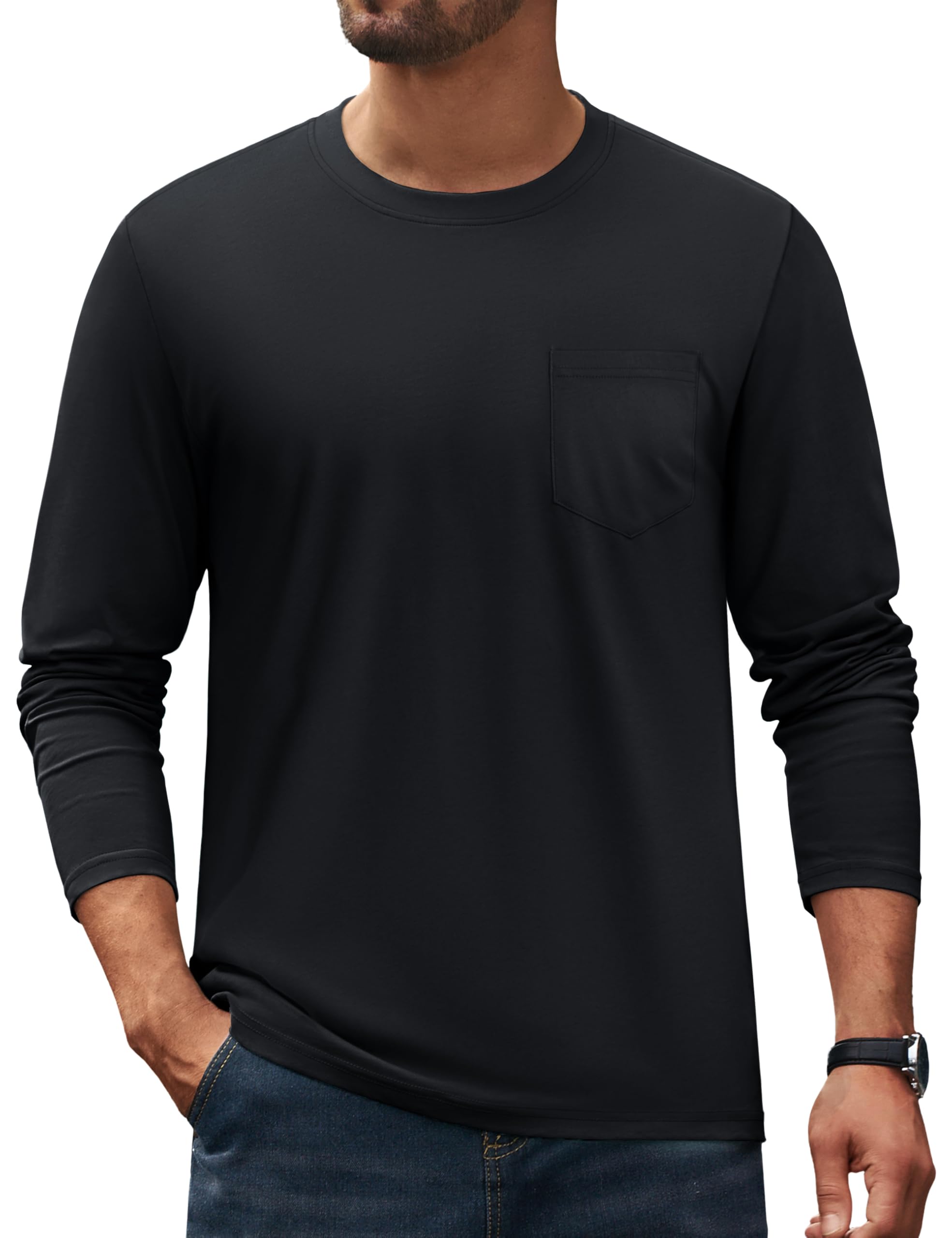 Cotrasen Men's Long Sleeve T-Shirts Cotton Casual T Shirts for Men Breathable Comfort Tee Shirts with Pocket