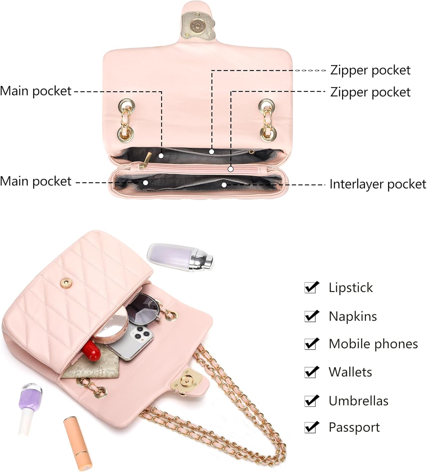 Quilted Crossbody Purse for Women Trendy - Ladies Shoulder Bag Leather Handbag Designer Evening Clutch with Chain Strap - Image 5