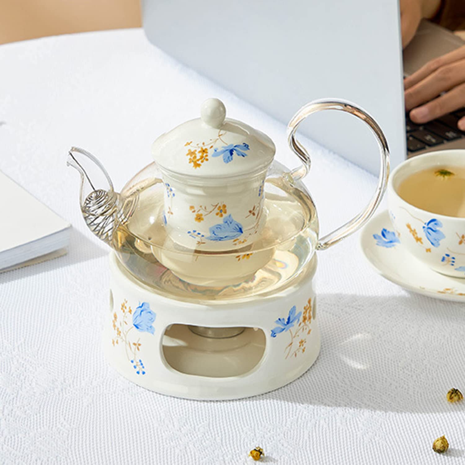 Glas-Teekannen-Stövchen-Set, 670 ml, Glas-Teekanne mit herausnehmbarem Tee-Ei und Kerzenhalter, Wärmer-Heizsockel, Elegantes Teekannen-Geschenkset, sicherer Wasserkocher für den Herd, Stil 1-7,67 x