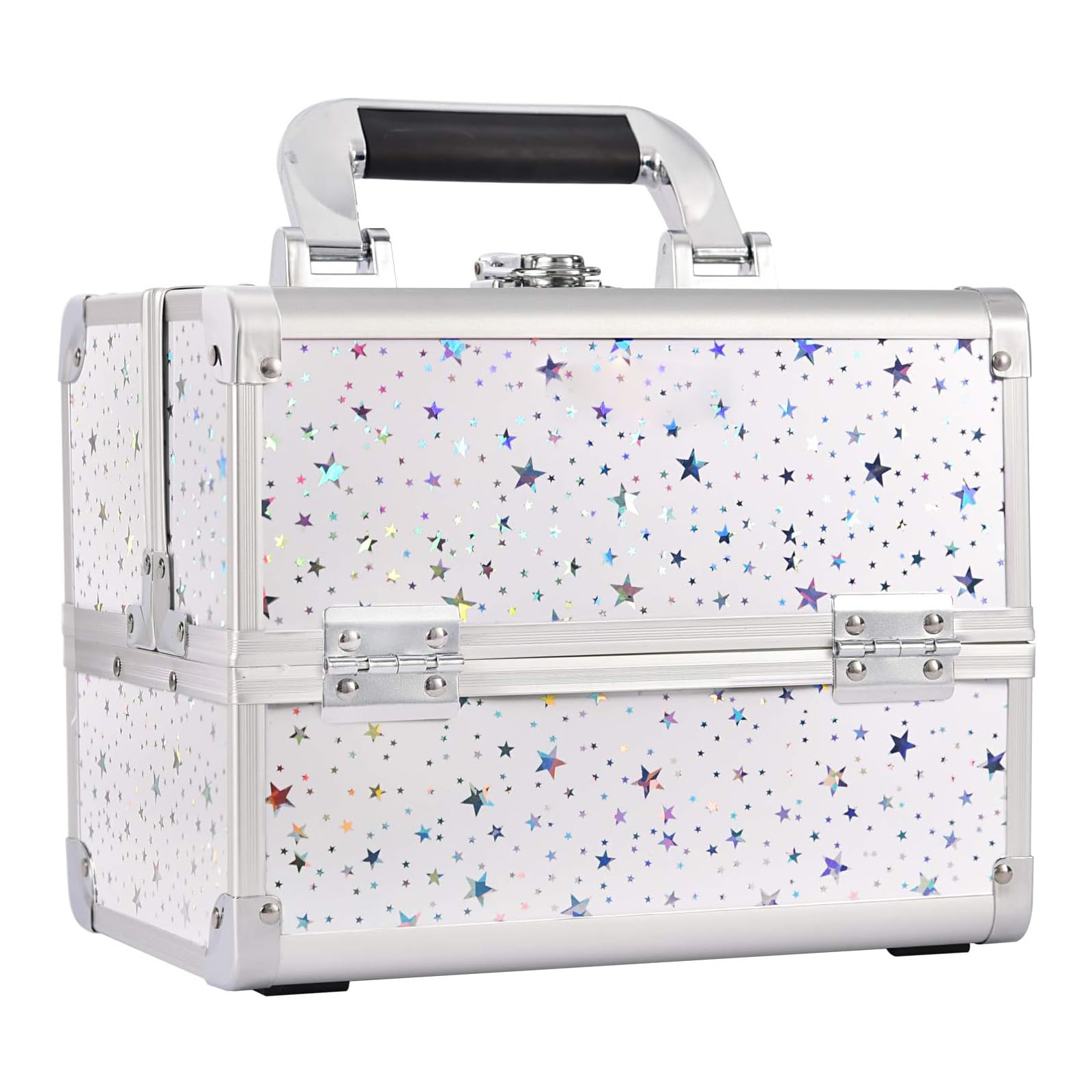 Joligrace Estuche organizador de maquillaje para cosméticos, caja de almacenamiento de belleza, caja de tocador con espejo con cerradura y llaves, Estrella holográfica blanca