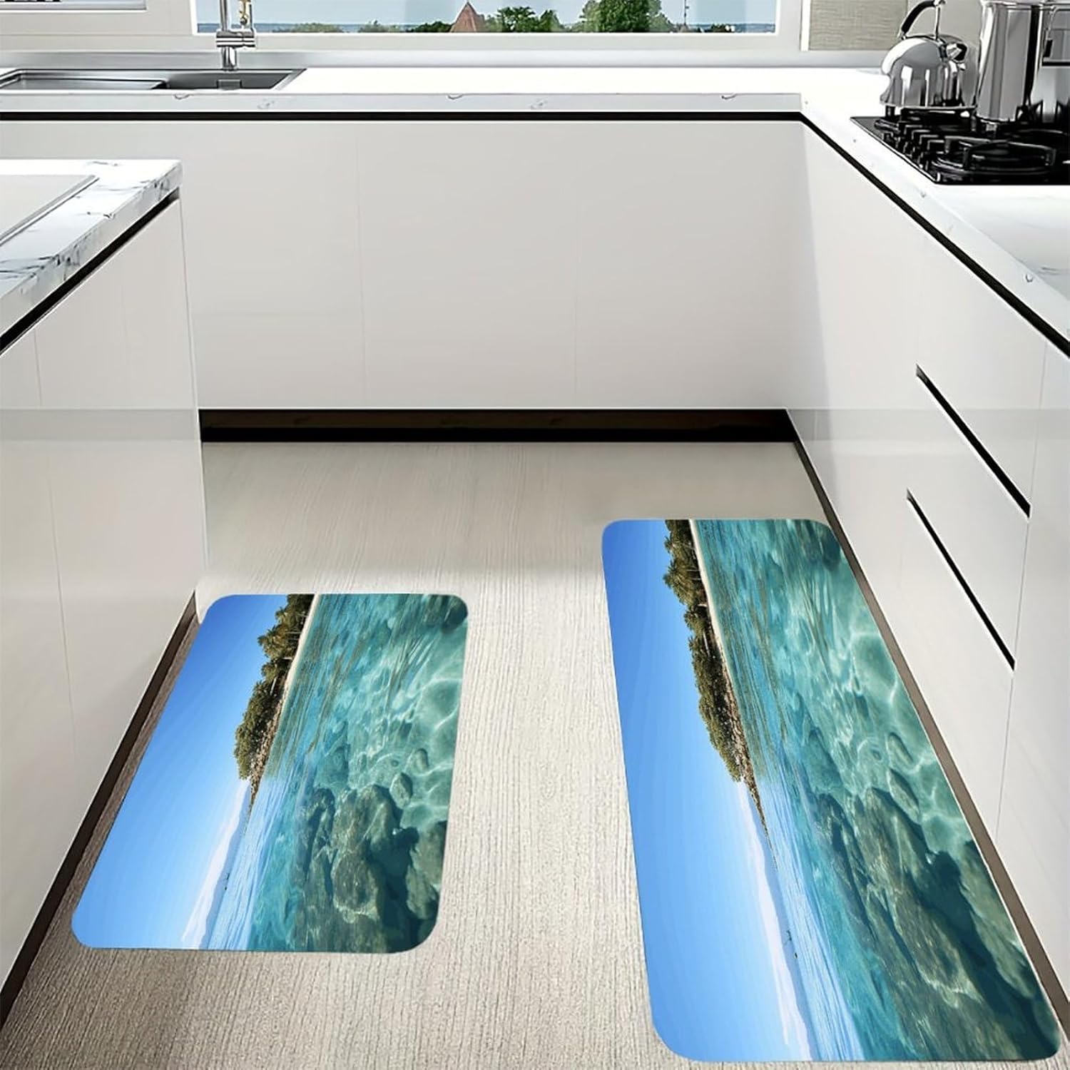 Fiji Island and Clear Sea Kitchen Mat Washable Non Slip Rugs Soft Kitchen Mats for Floor Set of 2 PCS Cushioned Absorbent Runner Standing Rugs for Home Sink Laundry Office