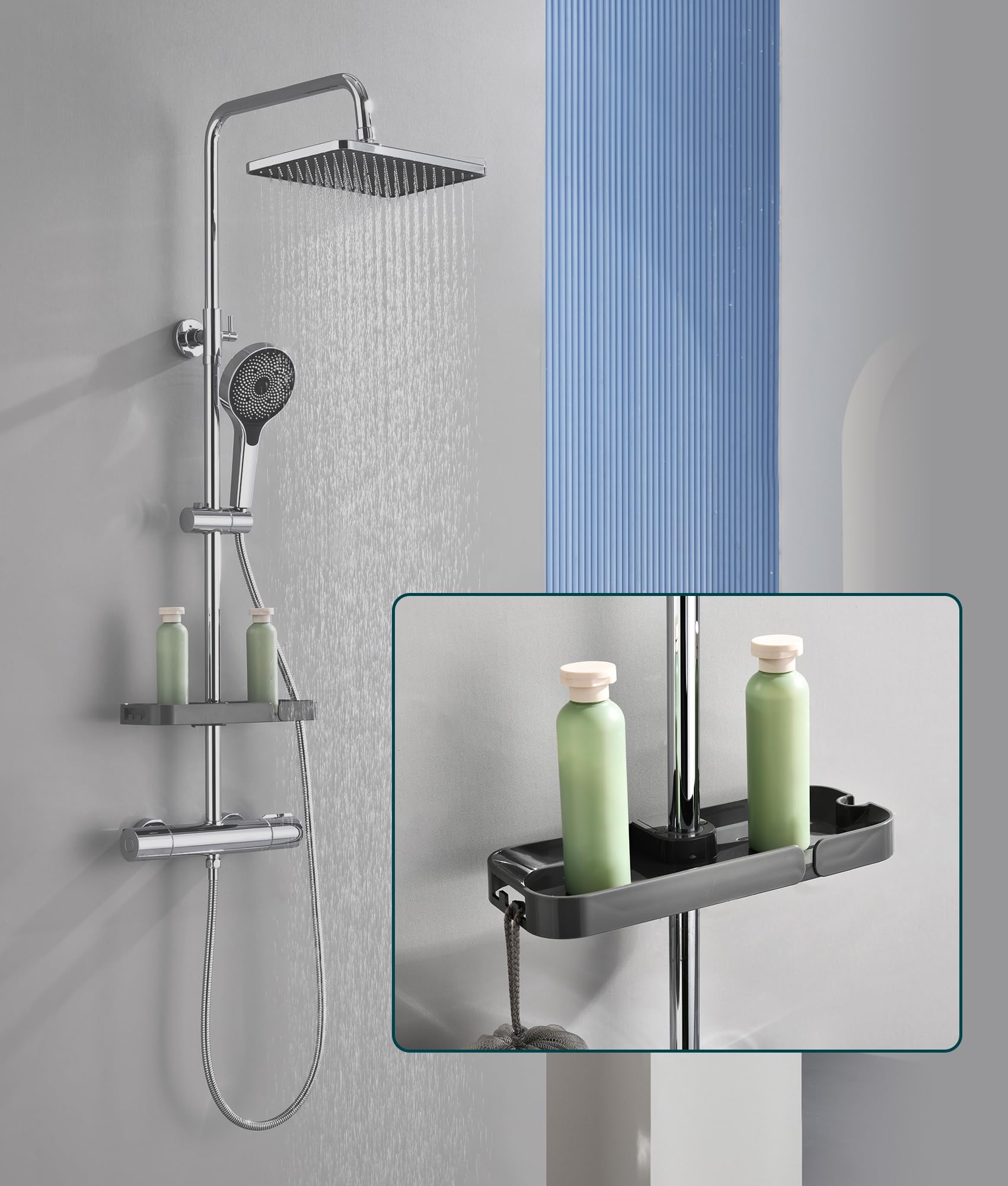 Süßren Thermostatic Shower Mixer Set,38°C Thermostatic Shower System with Rainfall Shower Head,3-Mode Handheld Shower,Shower Shelf Caddy Adjustable Height Stainless Steel Shower Set (Chrom)