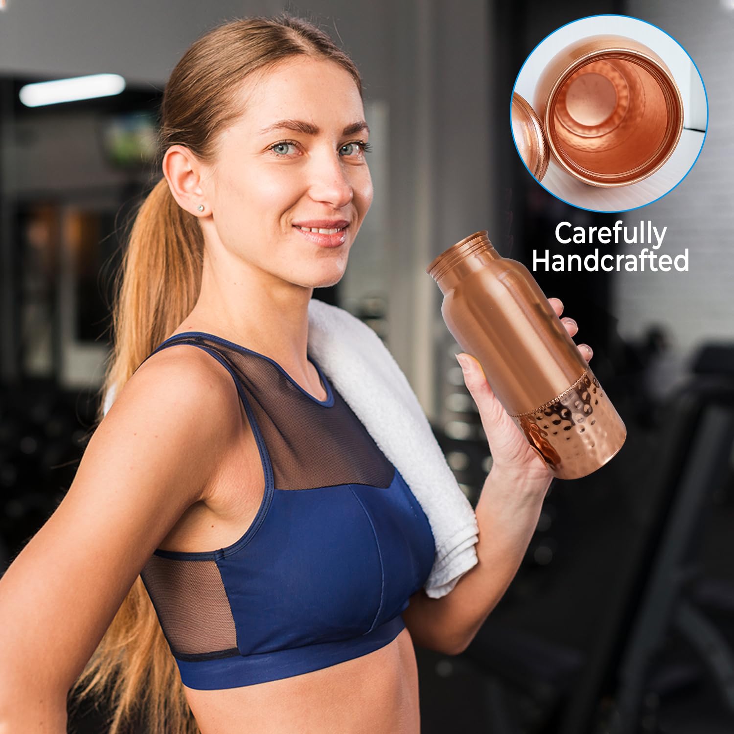 A American Ayurveda Wasserflasche aus 100% reinem Kupfer, gelenkfrei, auslaufsicher, Trinkbecher, Thermoskanne, Yoga, gesundheitliche Vorteile, natürliches basisches Wasser, 600 ml