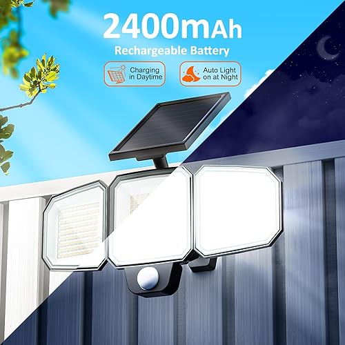 Miniatura 2 de CEOTIS Luces solares para exteriores, 243 LED 3500LM luces con sensor de movimiento, IP65 impermeable 270 gran angular 3 cabezas de seguridad luces