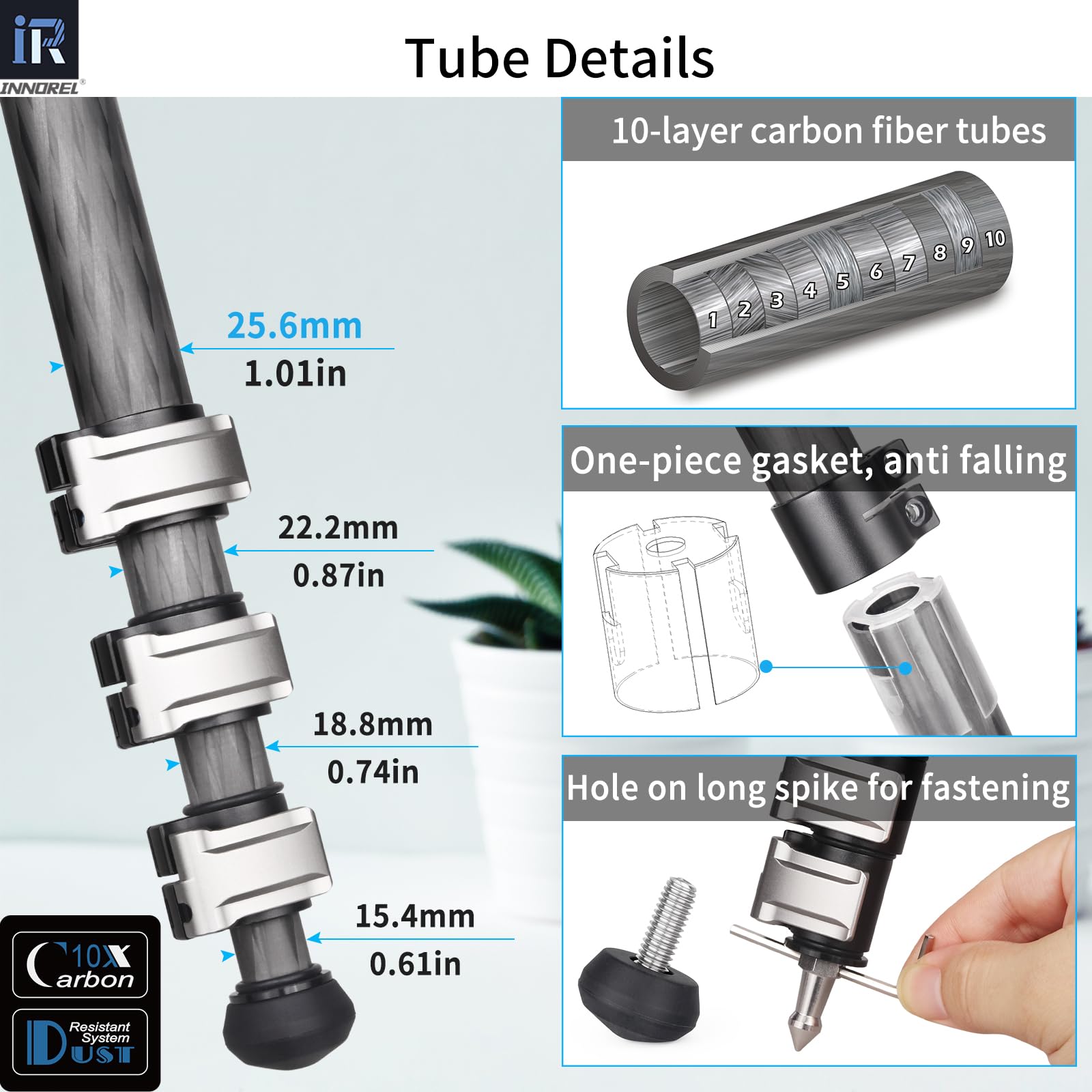 Kt254cf - innorel trépied Professionnel à clapet Rapide en Fibre de Carbone 25,6 mm Support Compact et léger avec tête sphérique à Double Encoche en U Mince d36 pour caméscopes Reflex numériques