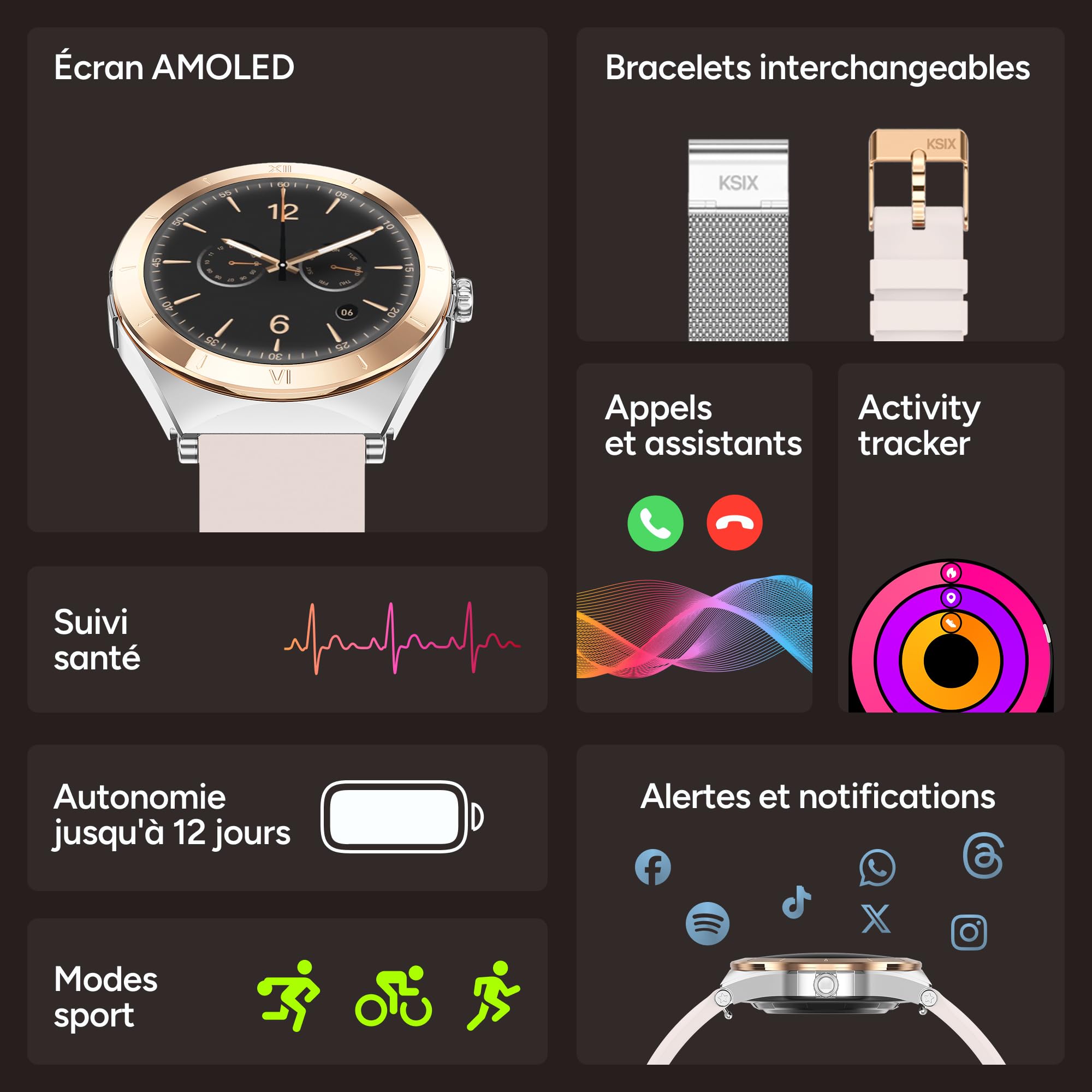 KSIX Montre connectée LYA Go pour Femme, écran AMOLED 1,19", autonomie de 5 Jours, Modes Sport et santé, Notifications, appels, Assistant Vocal, 2 Bracelets en métal et Silicone (Argent et Beige).