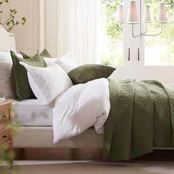 LEAONME Solid Green King Size Check Bedspread & Orange Bohemian Quilt Set