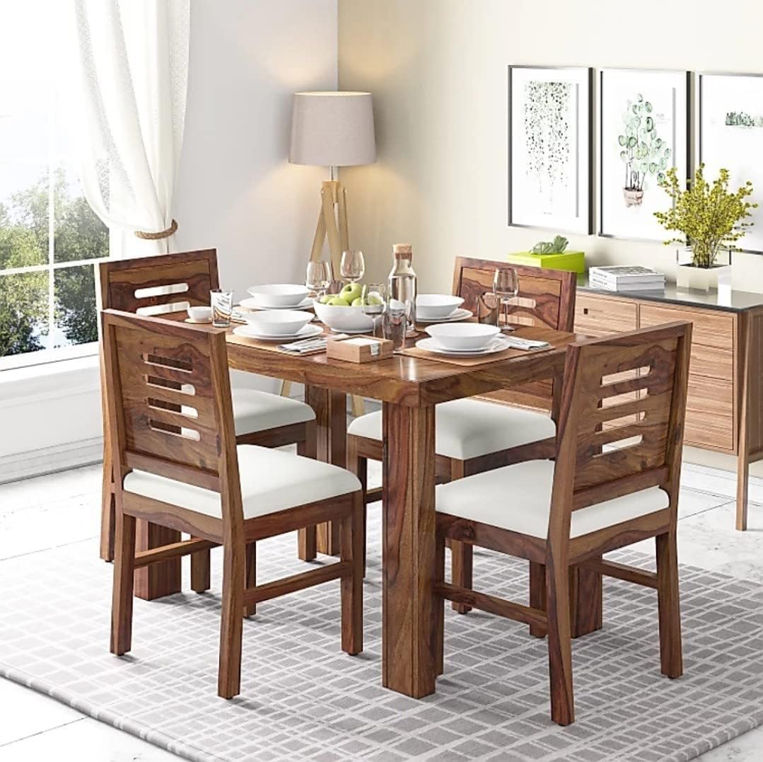 Premium Sheesham Wood Dining Table(45x30) with 4 Chairs | 4 Seater Dining Set | Wooden Dining Table with Chair | Dining Room Furniture | Honey Finish with Cushions-image-46
