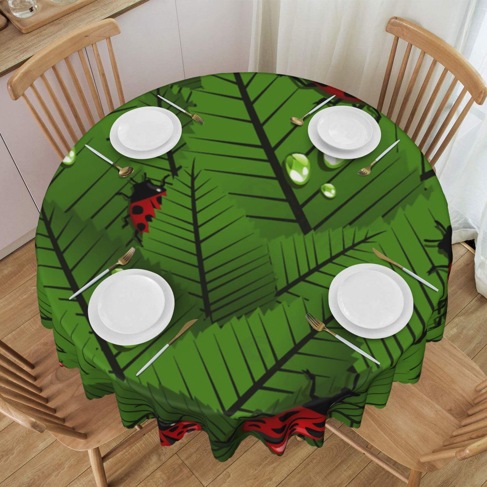 DCEHGEW 60 In Round Tablecloth with Lace, Leaves and Ladybugs Printed Oilproof & Washable Fabric Picnic Table Cloth Table Covers