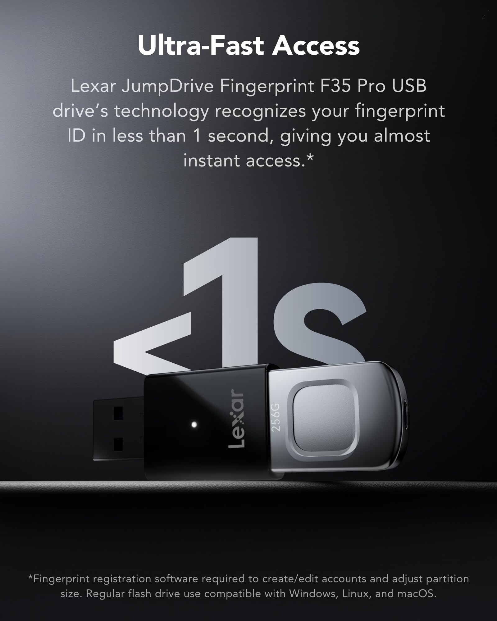 Lexar JumpDrive Fingerprint F35 PRO - Chiavetta USB 3.2 Gen 1 da 256 GB, fino a 400/350 MB/s in lettura/scrittura, espansione e backup dell'archiviazione, AES a 256 bit e crittografia delle impronte