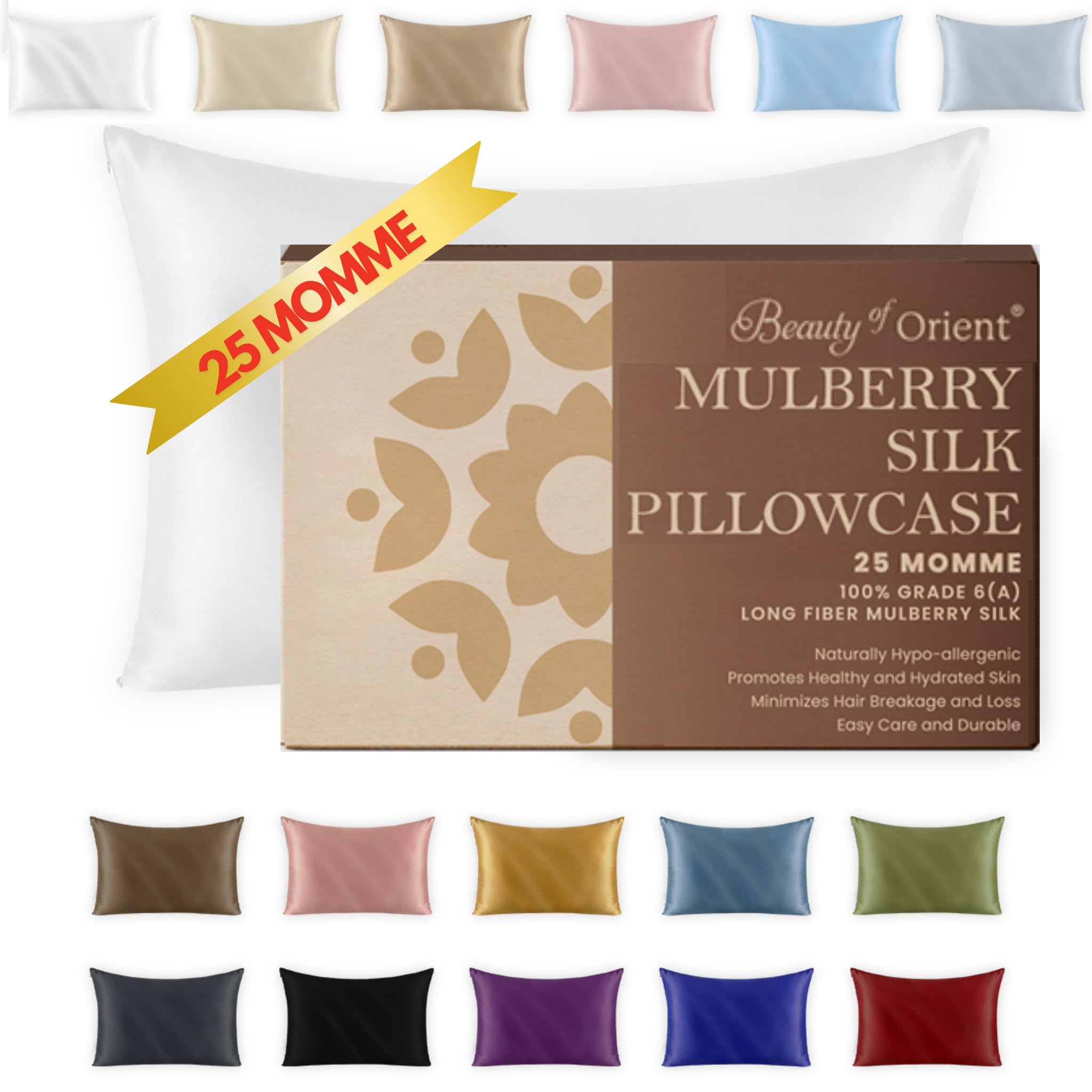 25 Momme Premium Mulberry Silk Pillowcase for Hair and Skin | Handcrafted Hypoallergenic & Anti-Acne White Silk Pillow Cases with Zipper | Queen - 20" x 30", Natural Undyed White