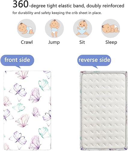 Miniatura 5 de Sábanas ajustables con temática de mariposa morada, sábanas portátiles para cuna, sábanas suaves y transpirables, sábanas para cuna de bebé para