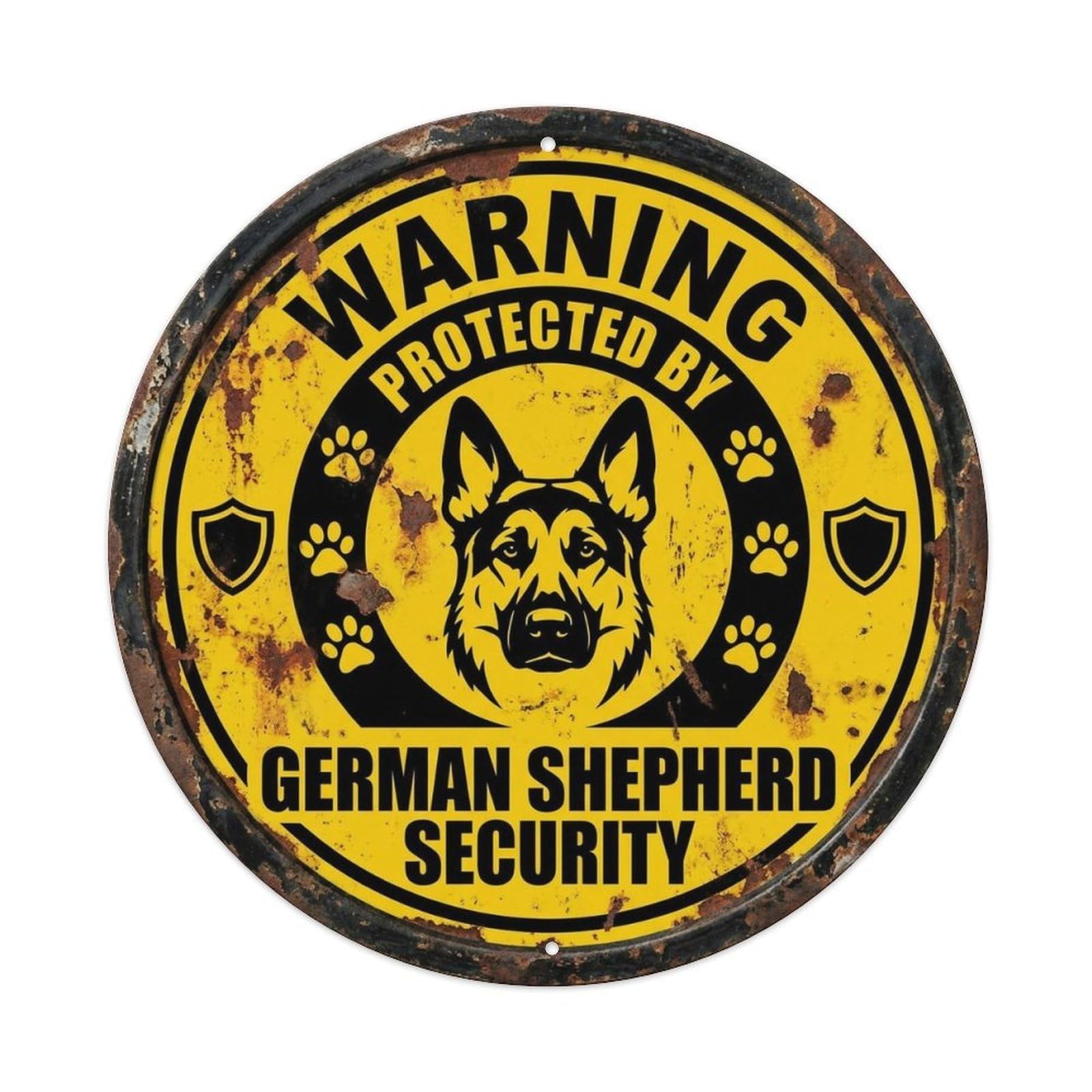 German Shepherd Security Warning Yellow Rust Metal Tin Sign