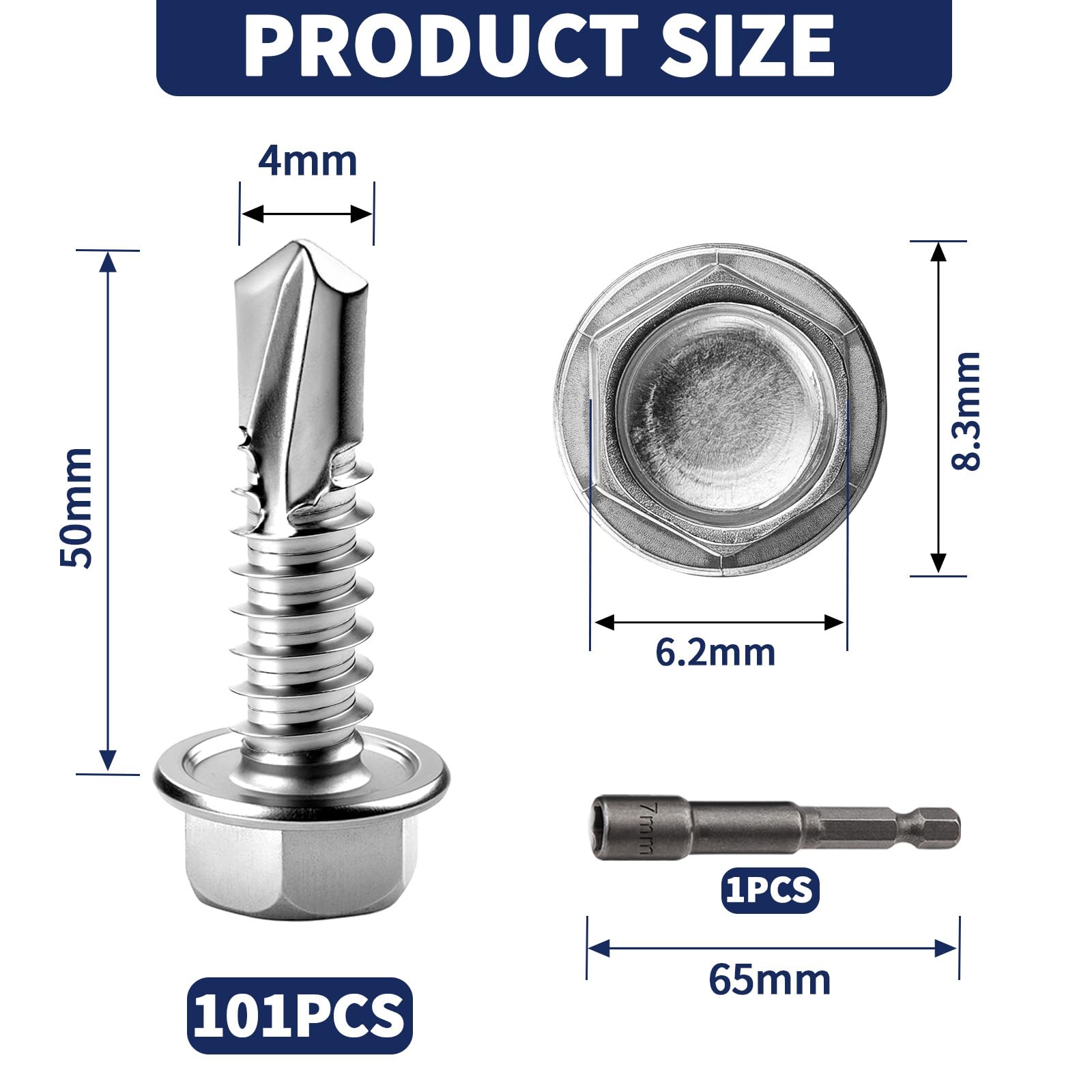 101 PCS Self Tapping Screws Metal M4.2X50MM Hex Head Self Drilling Screws 410 Stainless Steel Tech Screws for Metal Self Tapping Bolts for Ventilation Pipes Corrugated Roofing Windows with Hex Socket - Image 2