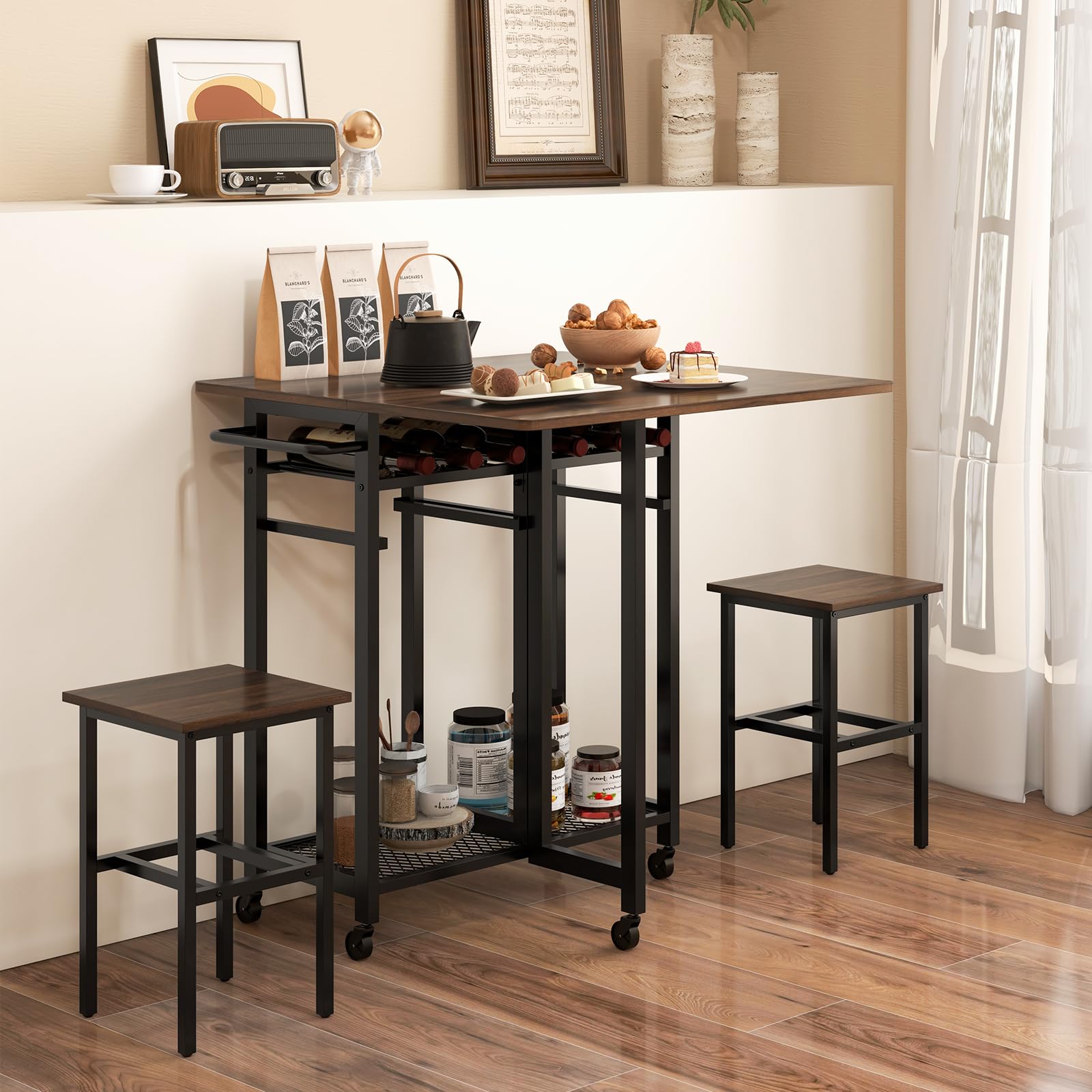 GIANTEX Carrito Móvil con Mesa Extensible de Hoja Abatible, Cuadrada Plegable de 3 Piezas con Estante para Vino, Estante Inferior y Manija de Empuje, 2 Taburetes y Ruedas Bloqueables(Nogal)