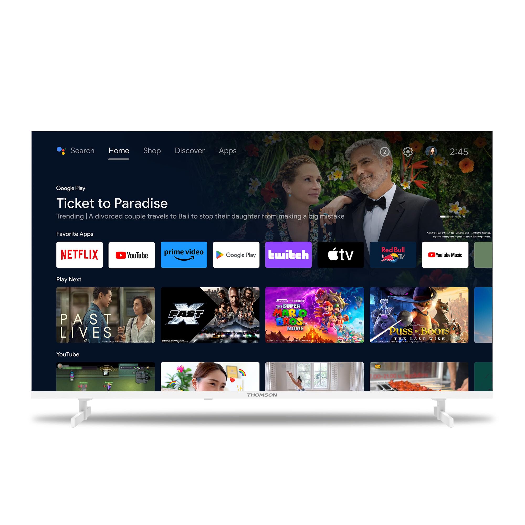 THOMSON 43 calowy (109 cm) 4K Ultra HD Biały Smart Android TV, Google Assistant, Wi-Fi, Dolby Digital, Bluetooth, Triple-Tuner (Kabel/Satelita/Antena), HDMI, CI+, A+ Płyta – 43UA5S13W