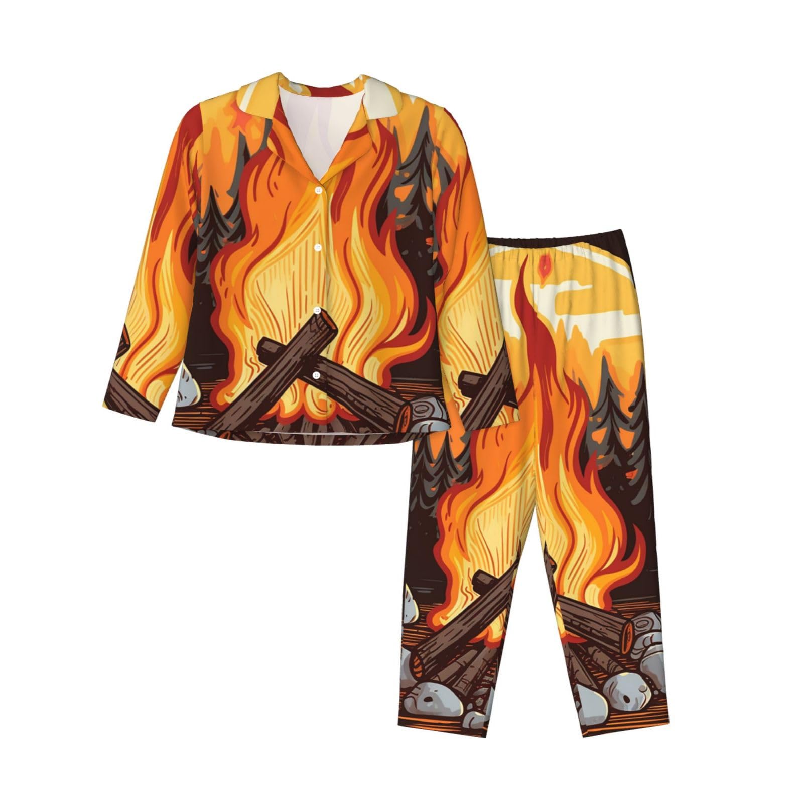 Jhlmn Women's Black Pajamas Set Button Down Pjs Bonfire Long Sleeve Sleepwear With Pocket Nightwear Lounge Sets, Xl