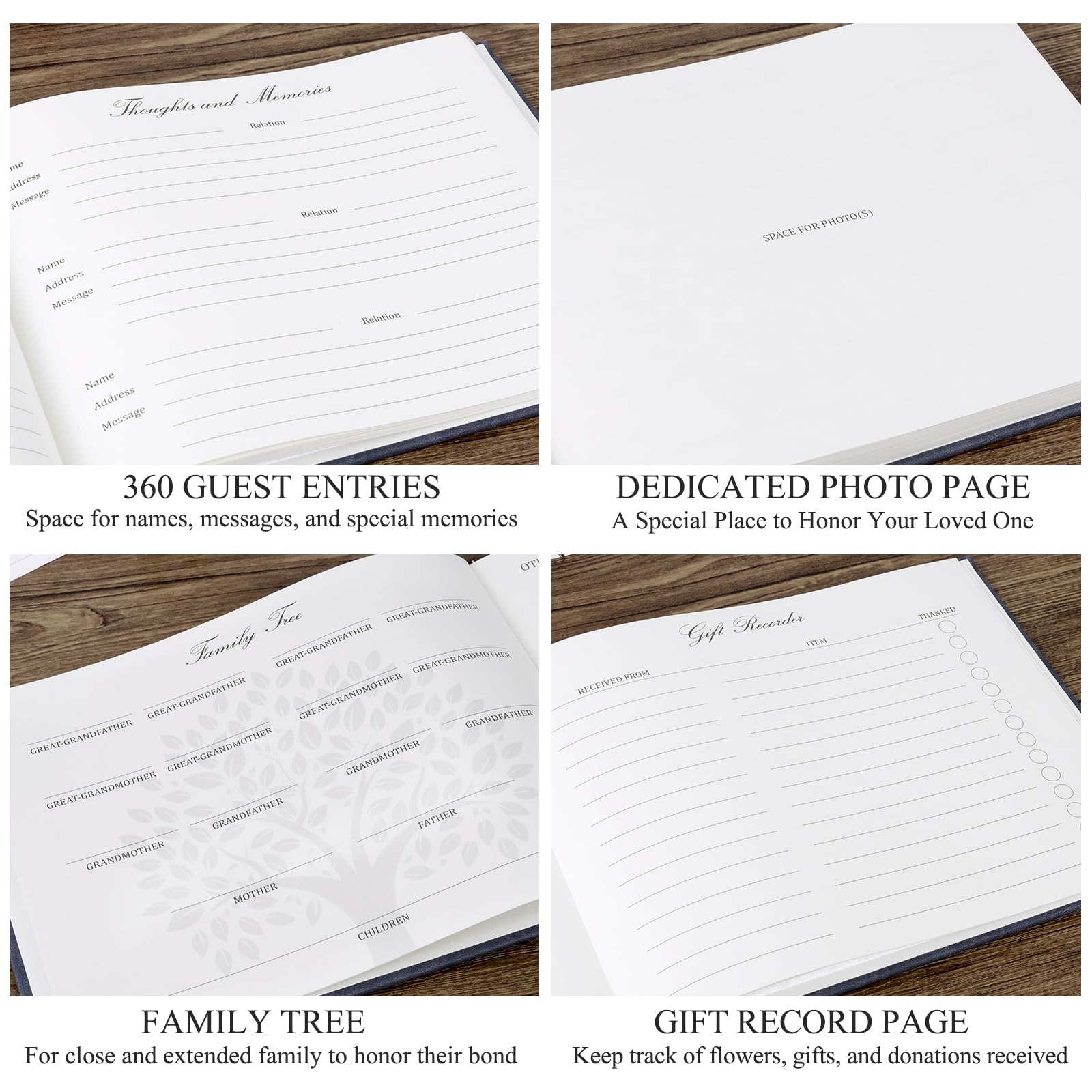 Juego de libro de invitados funerario con caja de recuerdos de madera, incluye 50 tarjetas de memoria en blanco, tarjeta de mesa de memoria, tarjeta de instrucciones, caja de tarjetas y libro de
