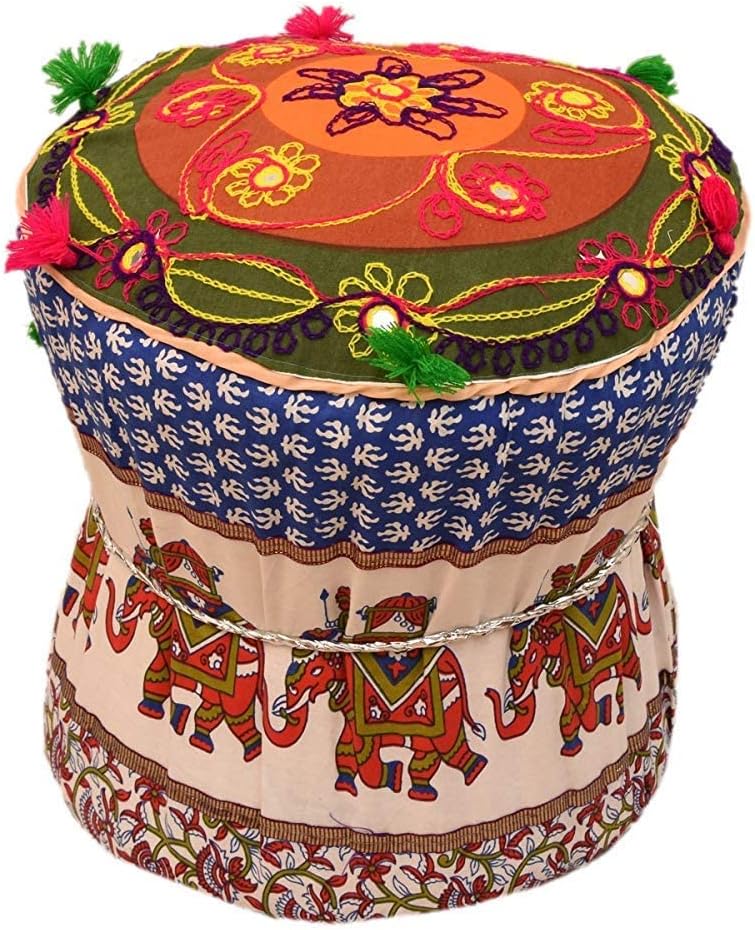 Suzani Embroidery Hand Block Elephant Print Bamboo Muda/Ottoman/Stool/Pouffe Cover (Only Cover)