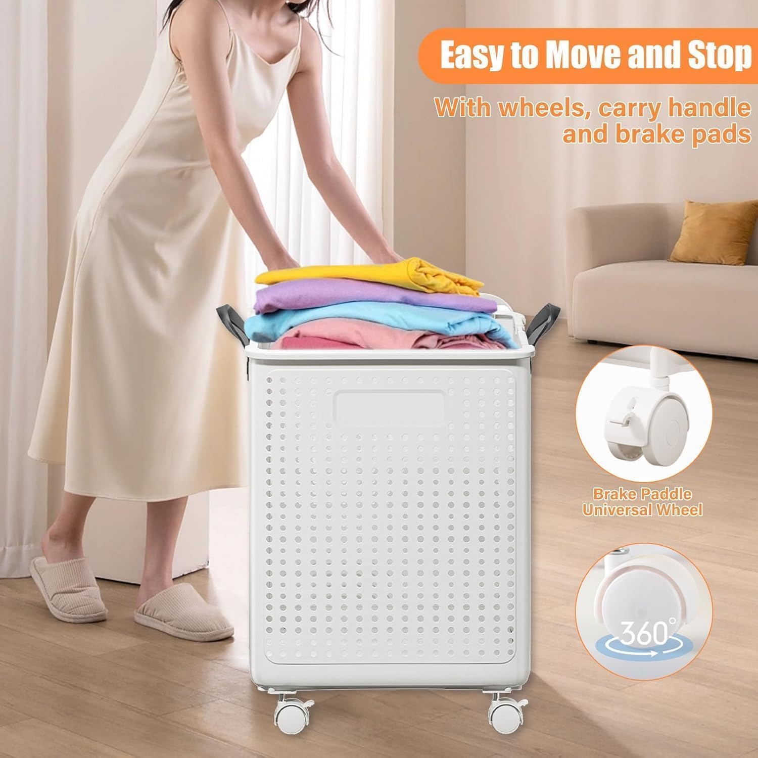 42L Large Heavy Duty Laundry Hamper On Wheels and Handle, Foldable Collapsible Laundry Basket, Space Saving Laundry Room Organization With Lid For Home Storage, Clothes (White)