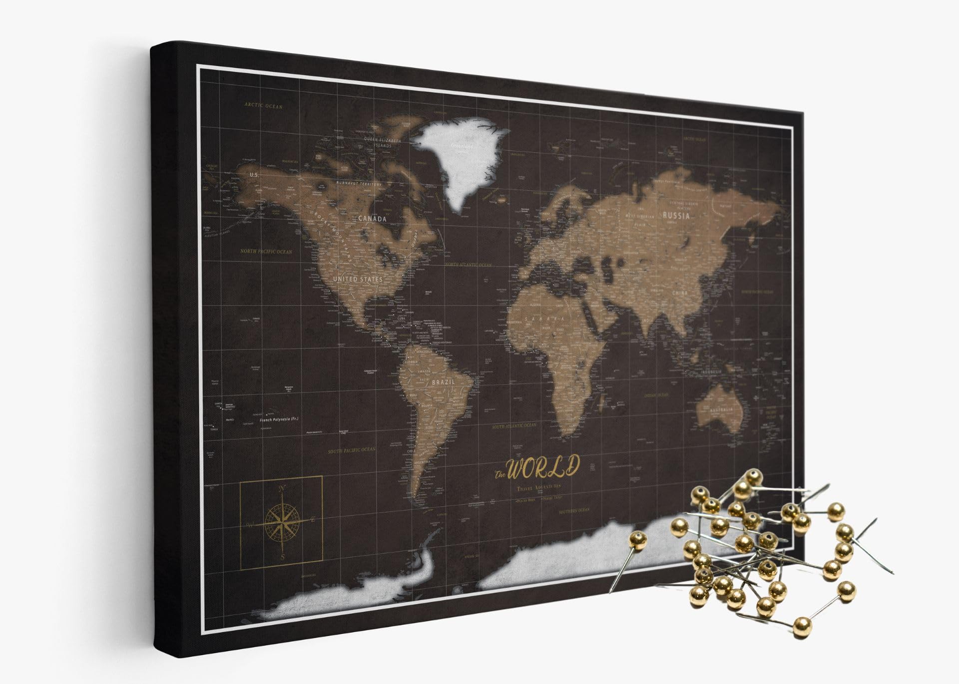 Personalisierte Weltkarte mit Pinnnadeln | Handgefertigte Wanddekoration mit 50 goldenen Pins | Einzigartige Geschenkidee