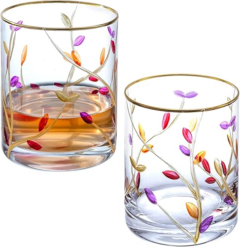 MyGift Vasos transparentes de 16 onzas con elegante diseño de hojas moradas, vino sin tallo, whisky, cristalería de jugo, juego de 2
