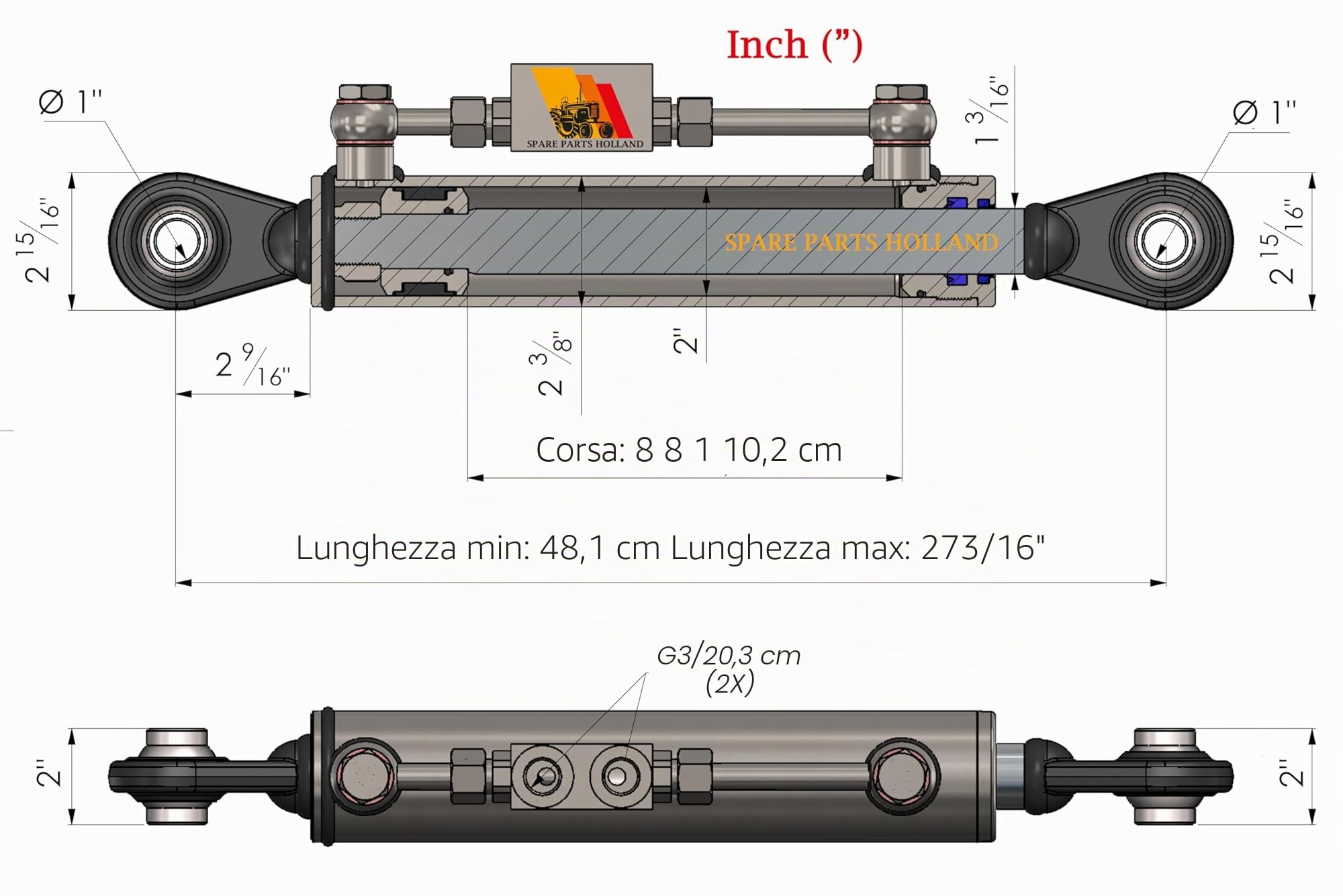 Terzo punto idraulico per trattore CAT 2-2 480-690mm completo di tubi e nippli