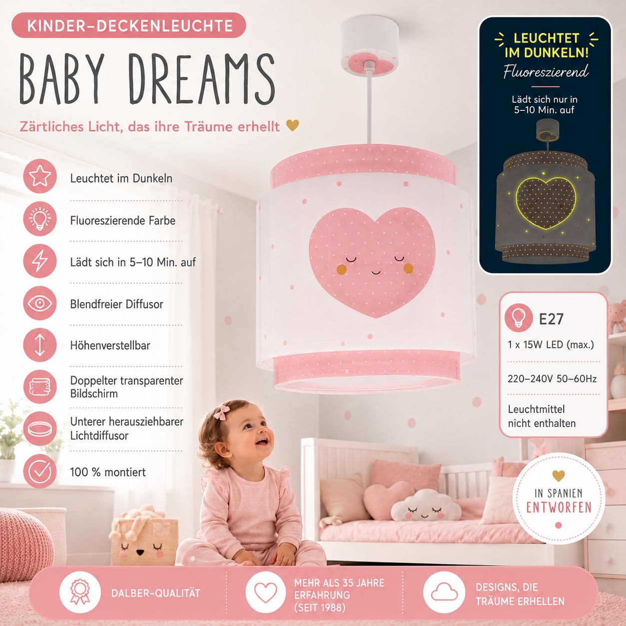 Dalber Kinder Pendelleuchte Baby Dreams Herz Rosa 76012MS | Hängelampe; Deckenleuchte; Kinderzimmer; E27 - 1 x 15W
