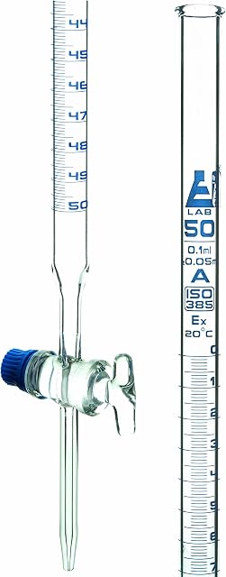 Class A 50mL Borosilicate Burette - 0.1mL Graduations - 0.05mL Tolerance - Glass Key (Smooth) Stopcock - 30.5" Tall
